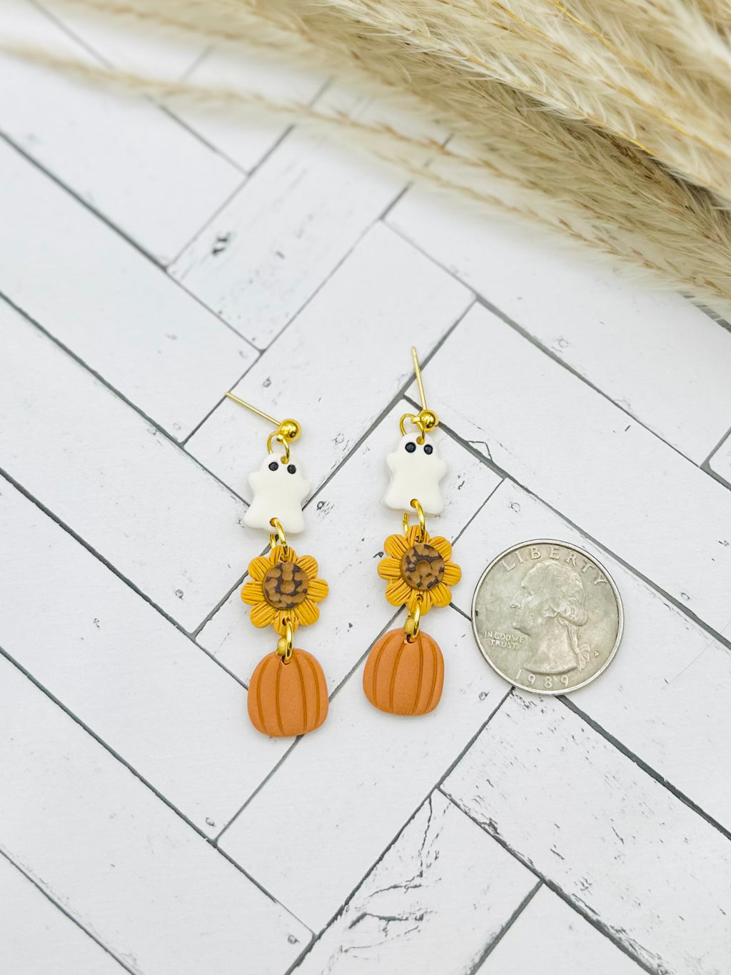 Ghost, Sunflower & Pumpkin Polymer Clay Earrings