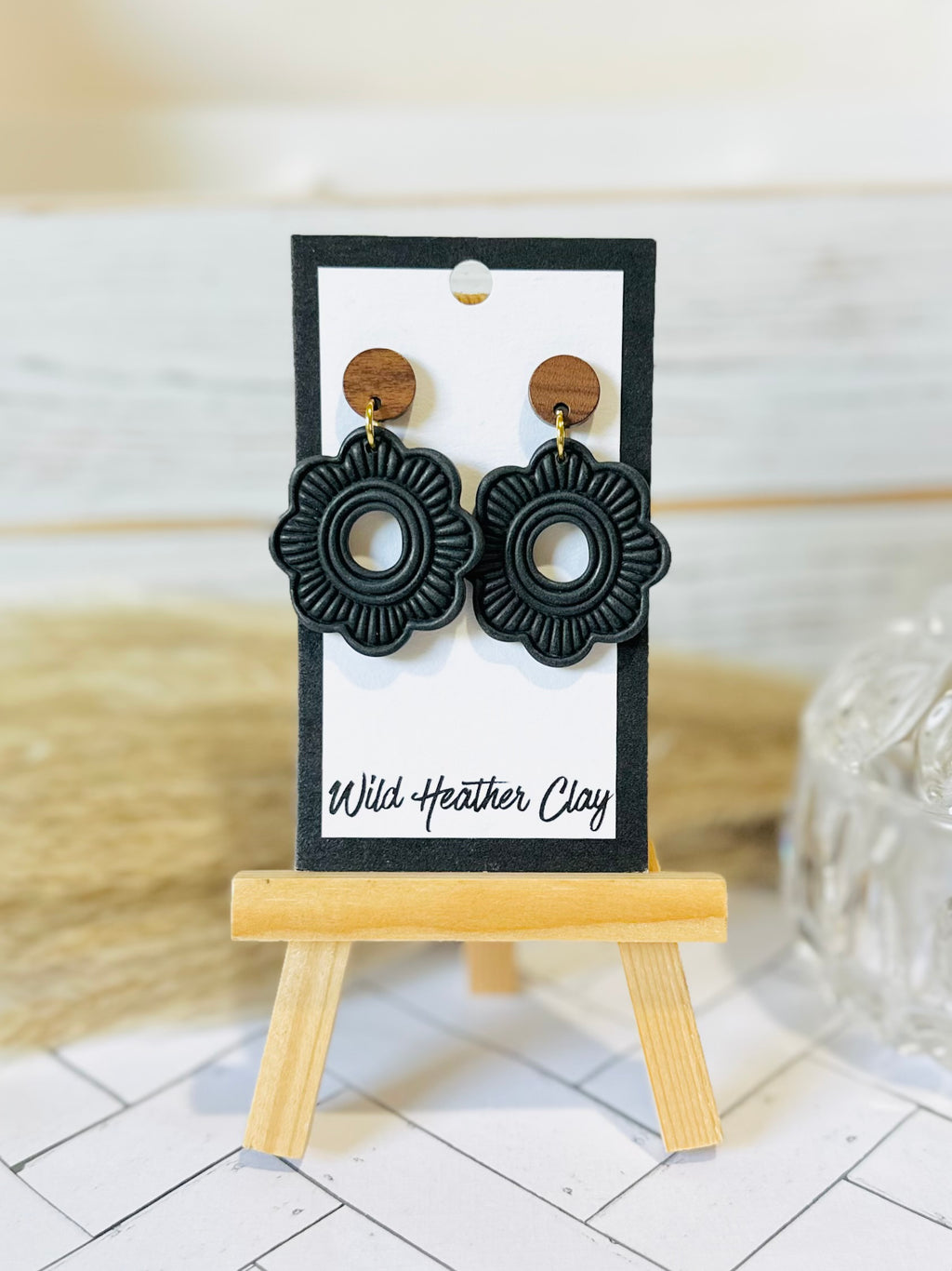 Charcoal Black Boho Floral Statement Earrings with Wood Studs
