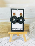 Charcoal Black Boho Floral Statement Earrings with Wood Studs