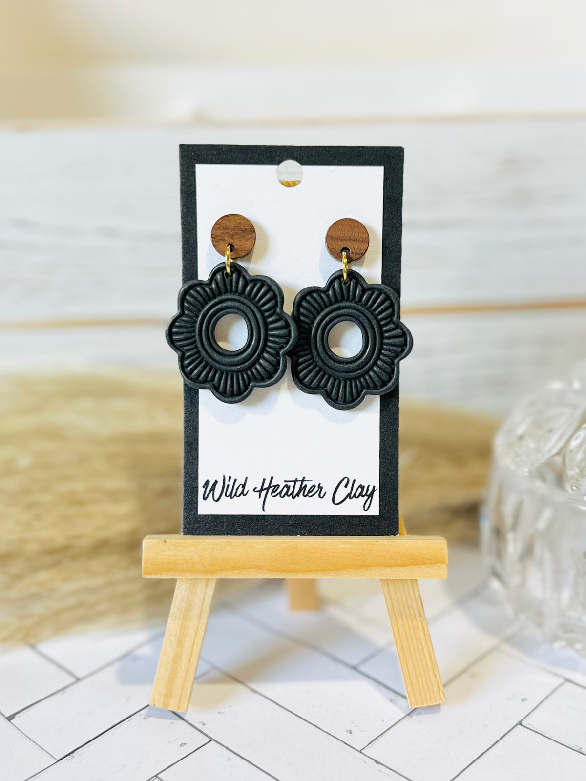 Charcoal Black Boho Floral Statement Earrings with Wood Studs