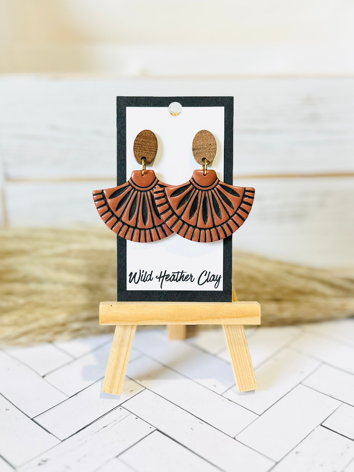 Cinnamon Art Deco Fan Wood & Polymer Clay Earrings