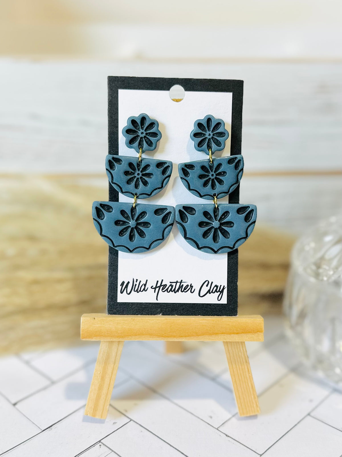 Mineral Blue Floral Tiered Polymer Clay Earrings