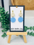 Summer Blue Floral Dangle Earrings – Handmade Polymer Clay Earrings, Lightweight Gold Stud Earrings, Cottagecore Inspired Jewelry