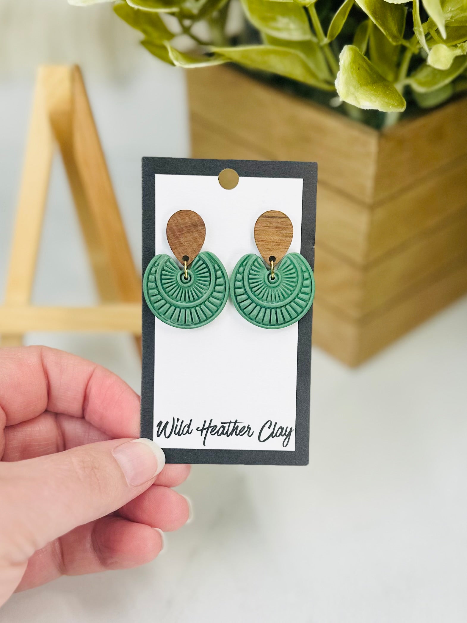 Green Boho Statement Earrings with Wood | Handmade Polymer Clay Earrings