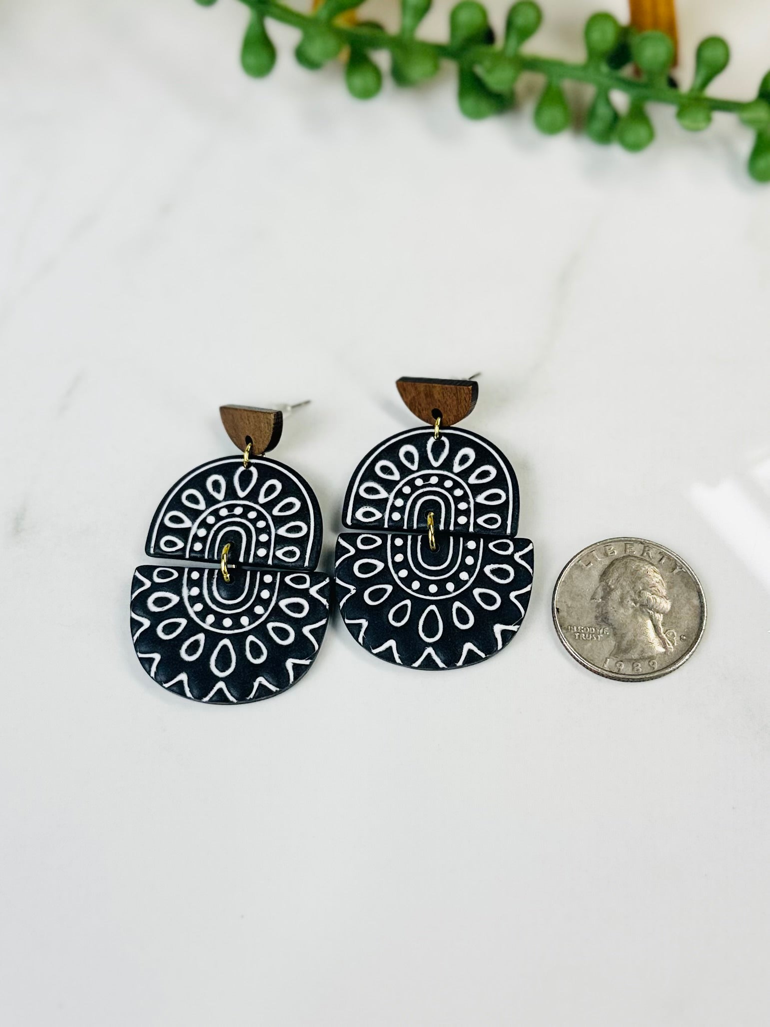 Black & White Boho Arch Dangle Earrings with Wood | Handmade Polymer Clay Earrings
