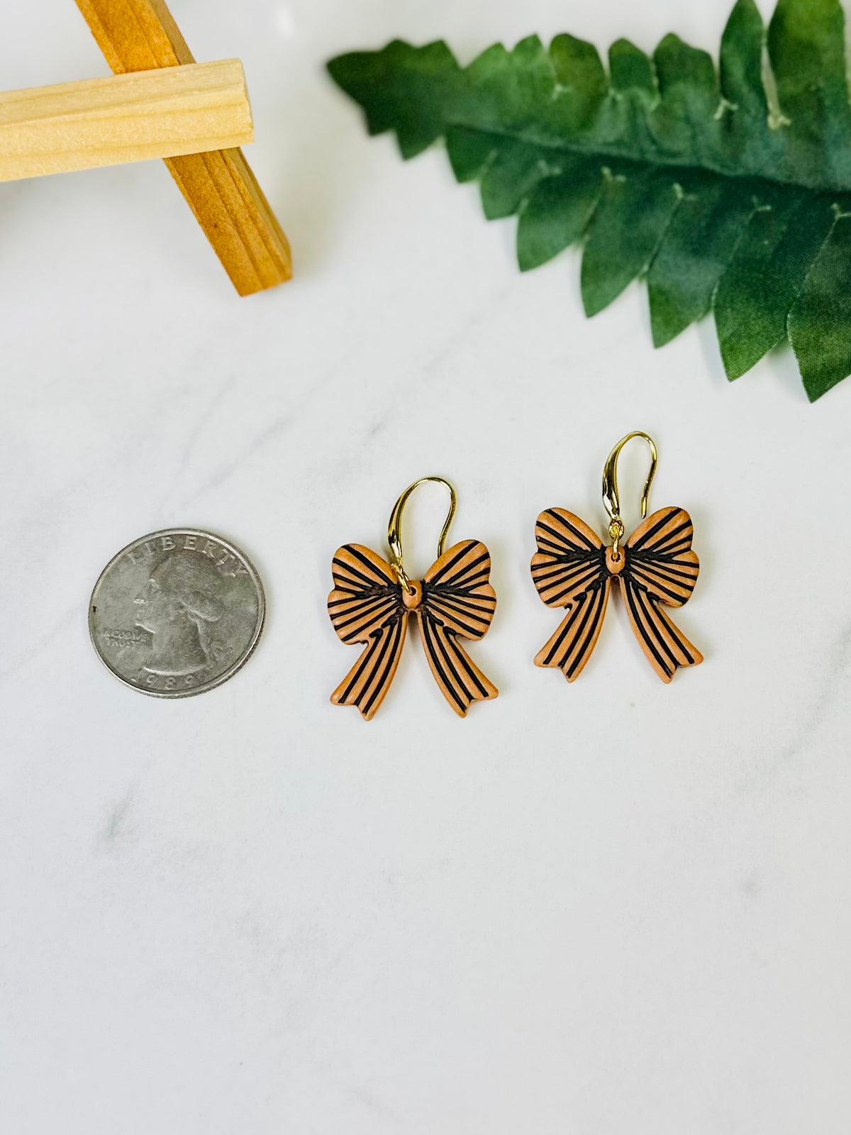 Caramel & Black Striped Bow Polymer Clay Earrings