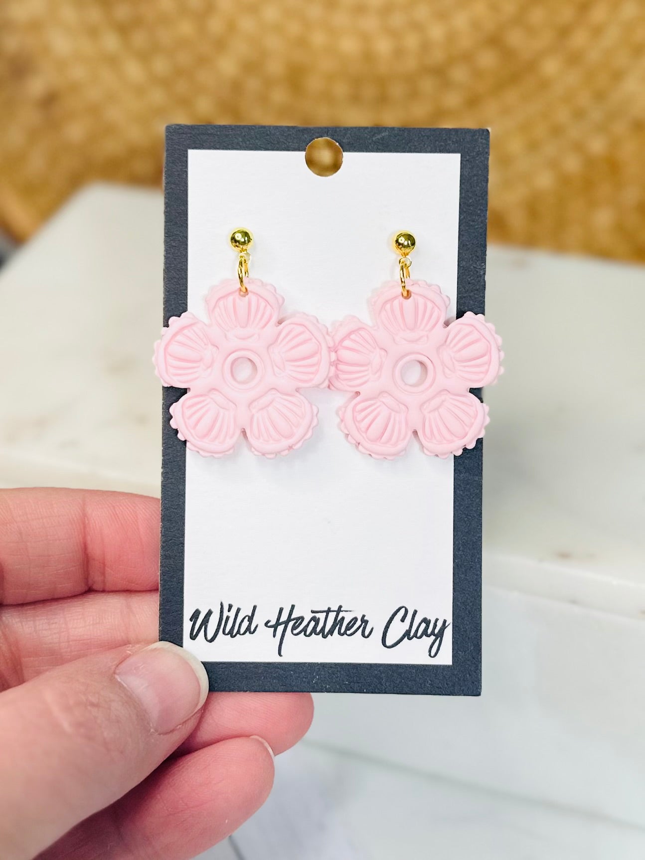 Light Pink Floral Shell Earrings – Handmade Polymer Clay Flower Earrings, Lightweight Statement Earrings, Feminine Spring Jewelry