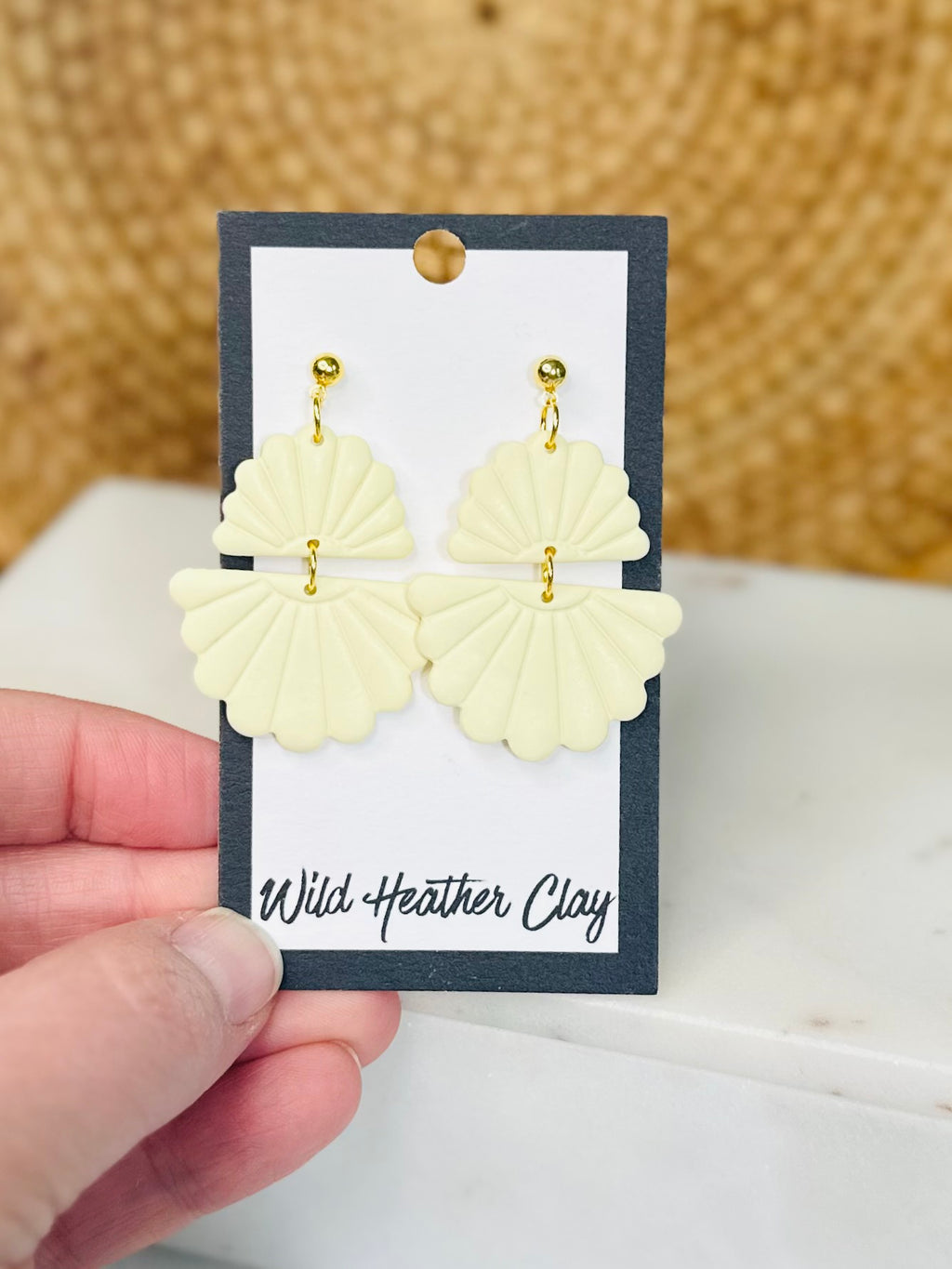 Butter Yellow Fan Shell Earrings – Handmade Polymer Clay Dangle Earrings, Coastal Statement Earrings, Lightweight Boho Jewelry