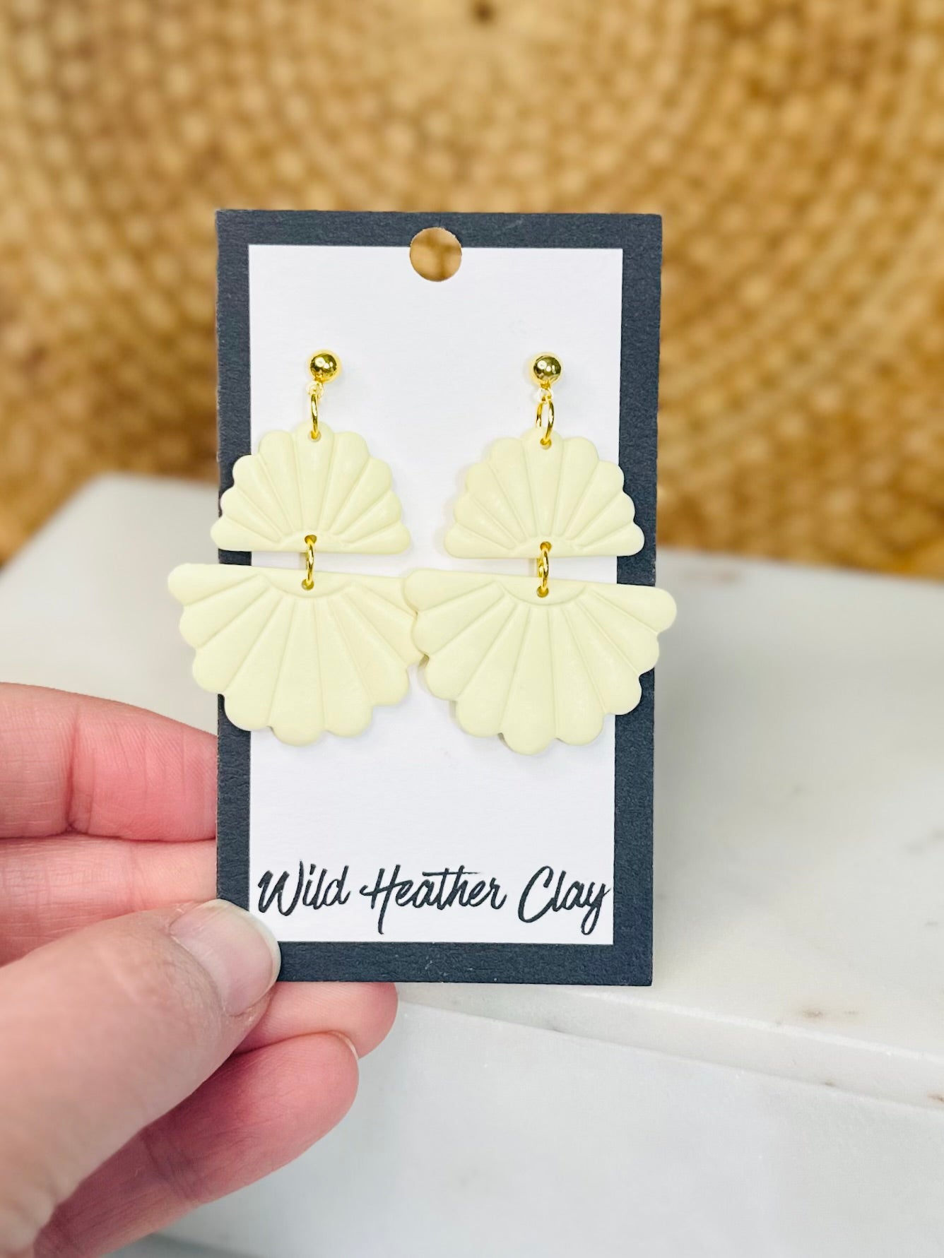Butter Yellow Fan Shell Earrings – Handmade Polymer Clay Dangle Earrings, Coastal Statement Earrings, Lightweight Boho Jewelry