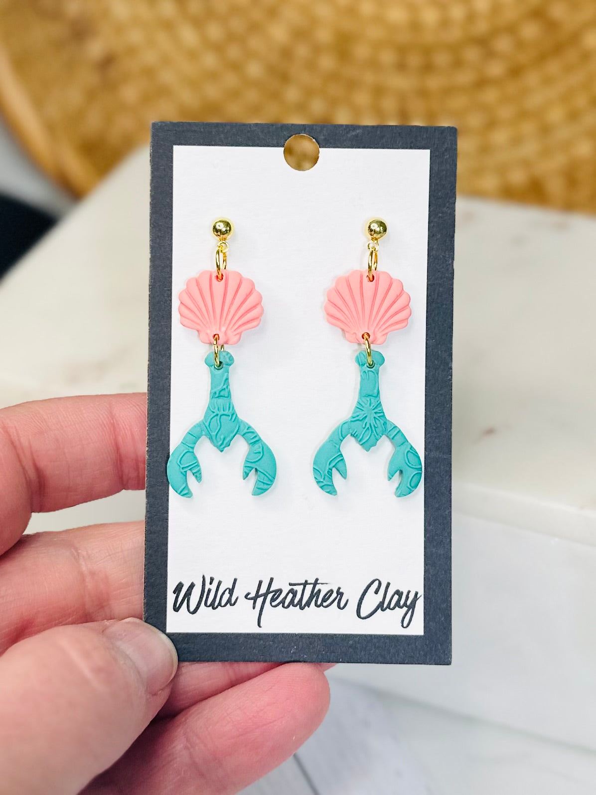 Pink Shell & Turquoise Lobster Earrings – Handmade Coastal Polymer Clay Earrings, Beach Dangle Earrings, Lightweight Summer Jewelry