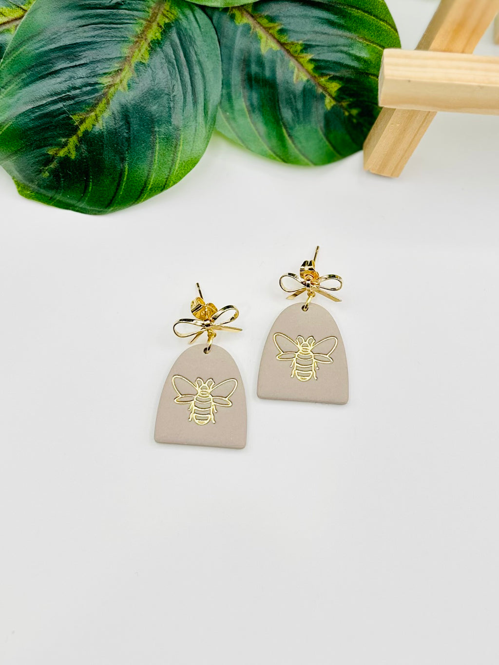 Taupe Bee Arched Earrings with Gold Bow Stud- Handmade Polymer Clay Earrings-Spring Statement Earrings