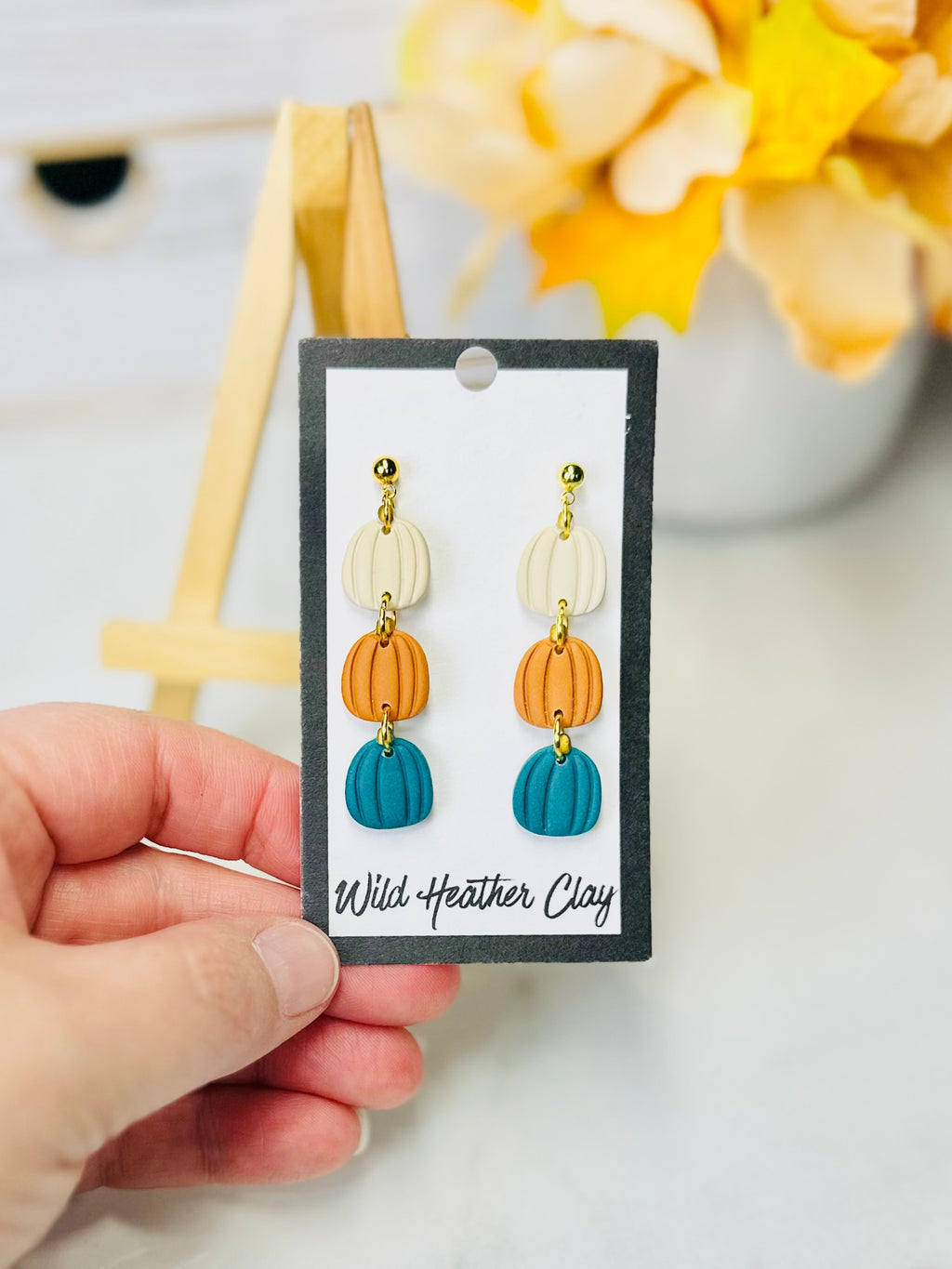 Ivory, Pumpkin & Teal Pumpkin Polymer Clay Earrings