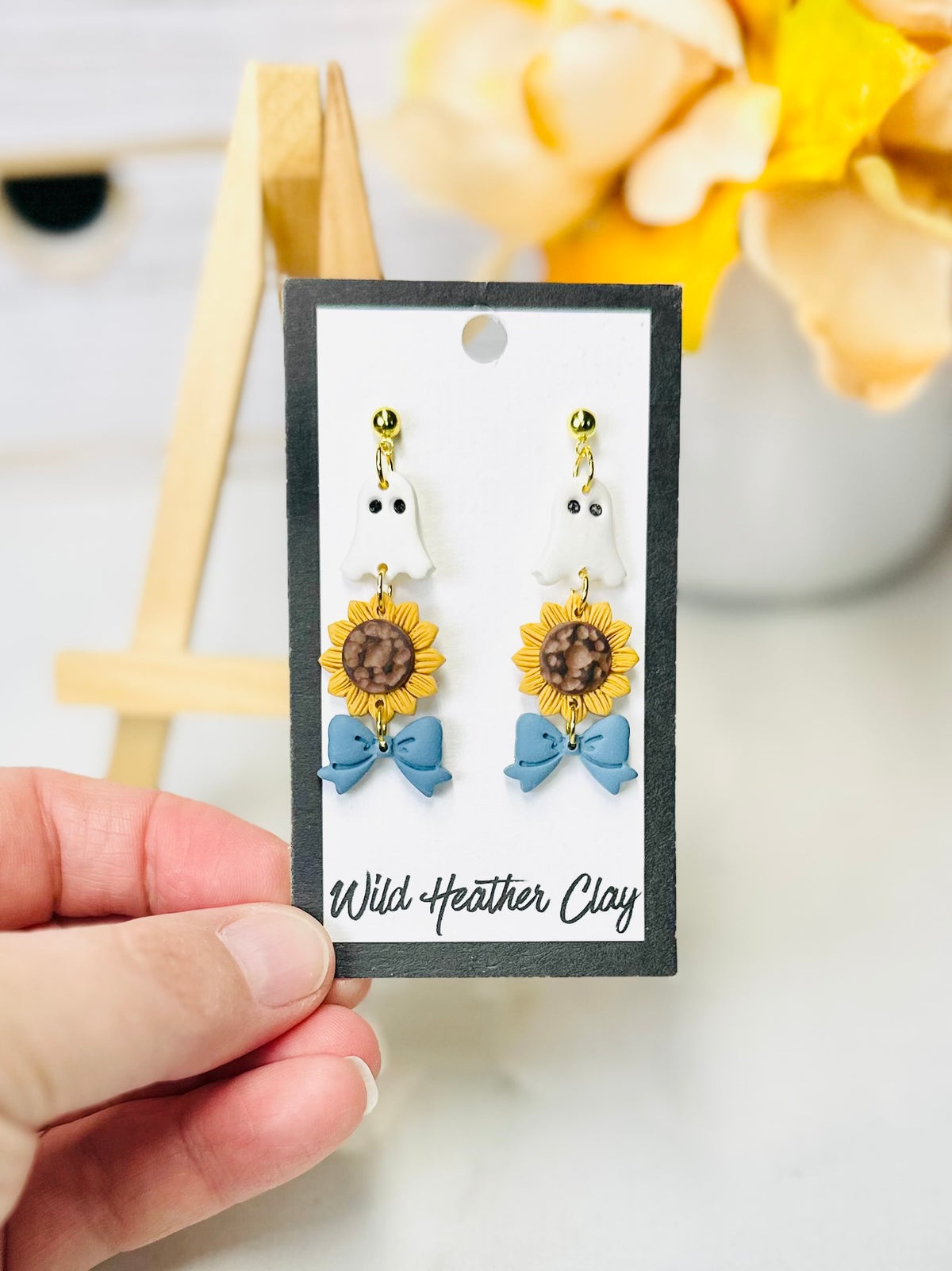 Ghost, Sunflower & Blue Bow Polymer Clay Earrings