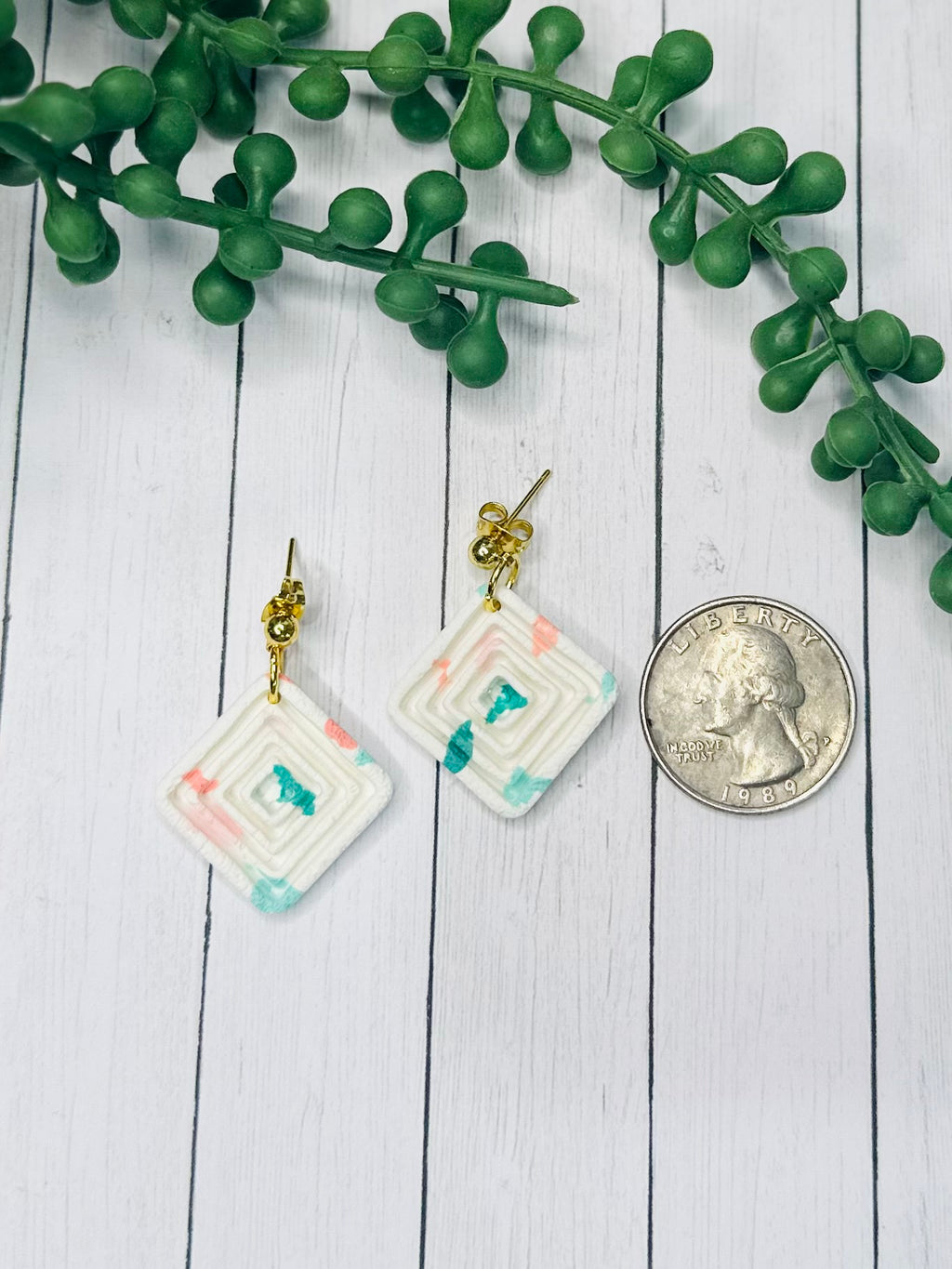 Square White Geometric Earrings – Handmade Polymer Clay Dangle Earrings, Minimalist Gold Earrings, Lightweight Modern Jewelry