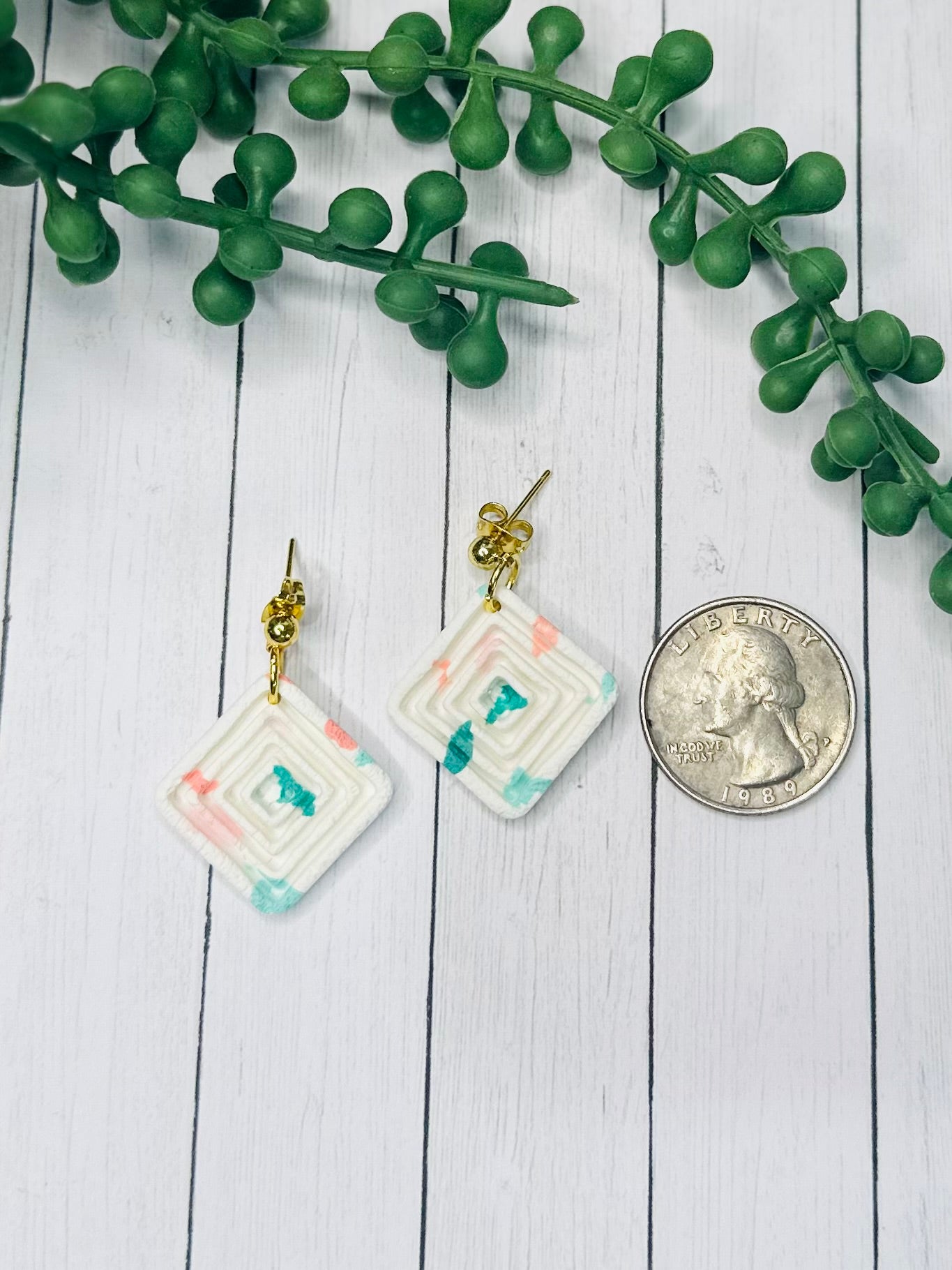 Square White Geometric Earrings – Handmade Polymer Clay Dangle Earrings, Minimalist Gold Earrings, Lightweight Modern Jewelry