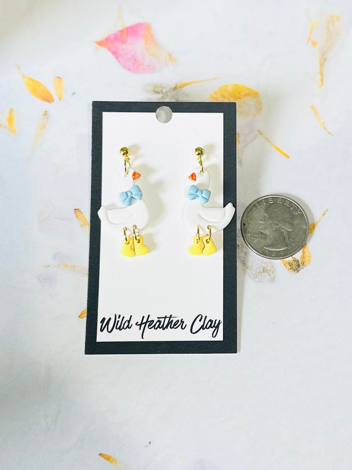 Handmade Goose Clay Earrings | Cute Farm Animal Dangle Earrings | Blue Bow Statement Earrings | Whimsical Cottagecore Jewelry
