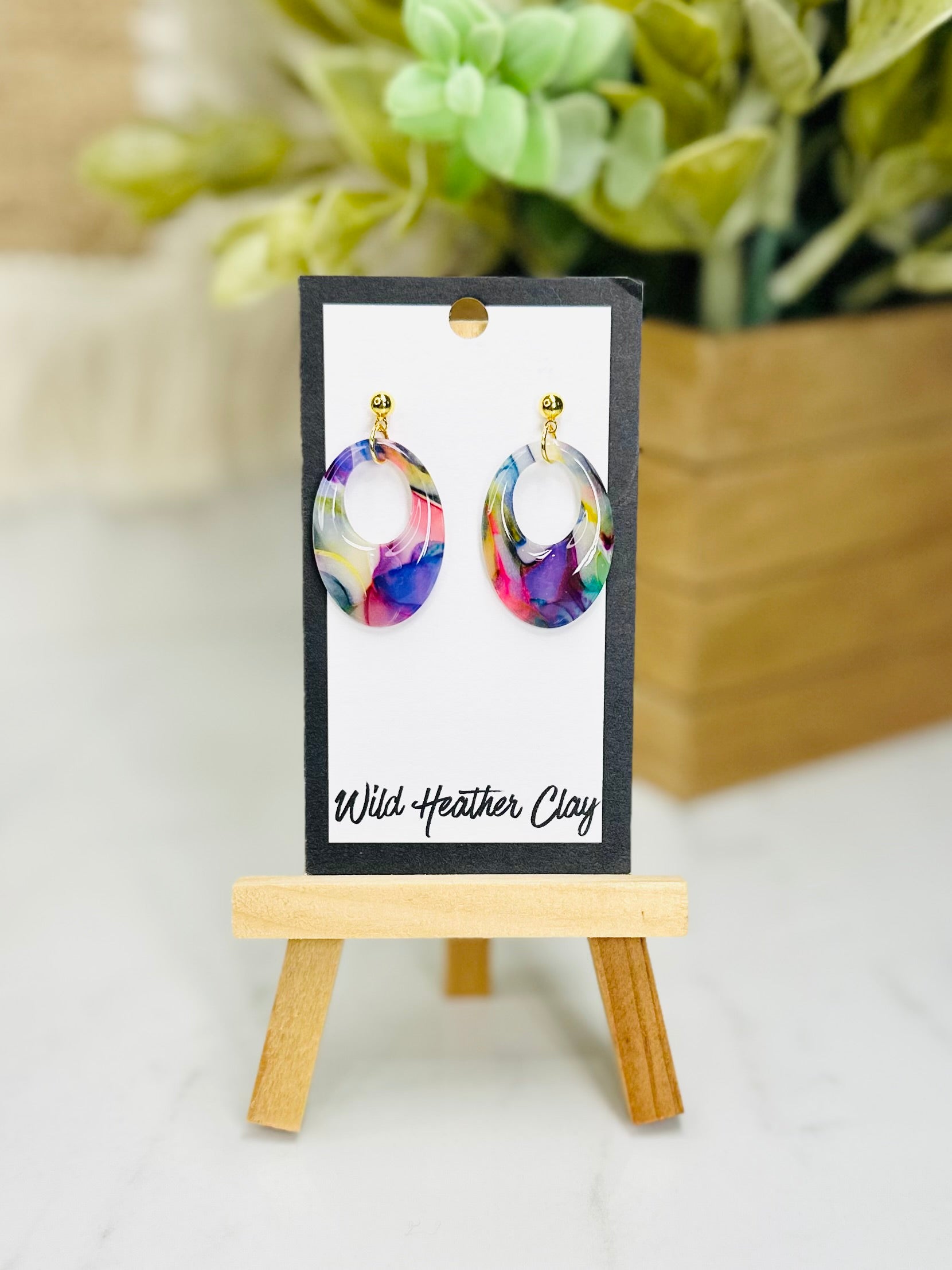Colorful Abstract Open Oval Earrings | Handmade Polymer Clay Earrings