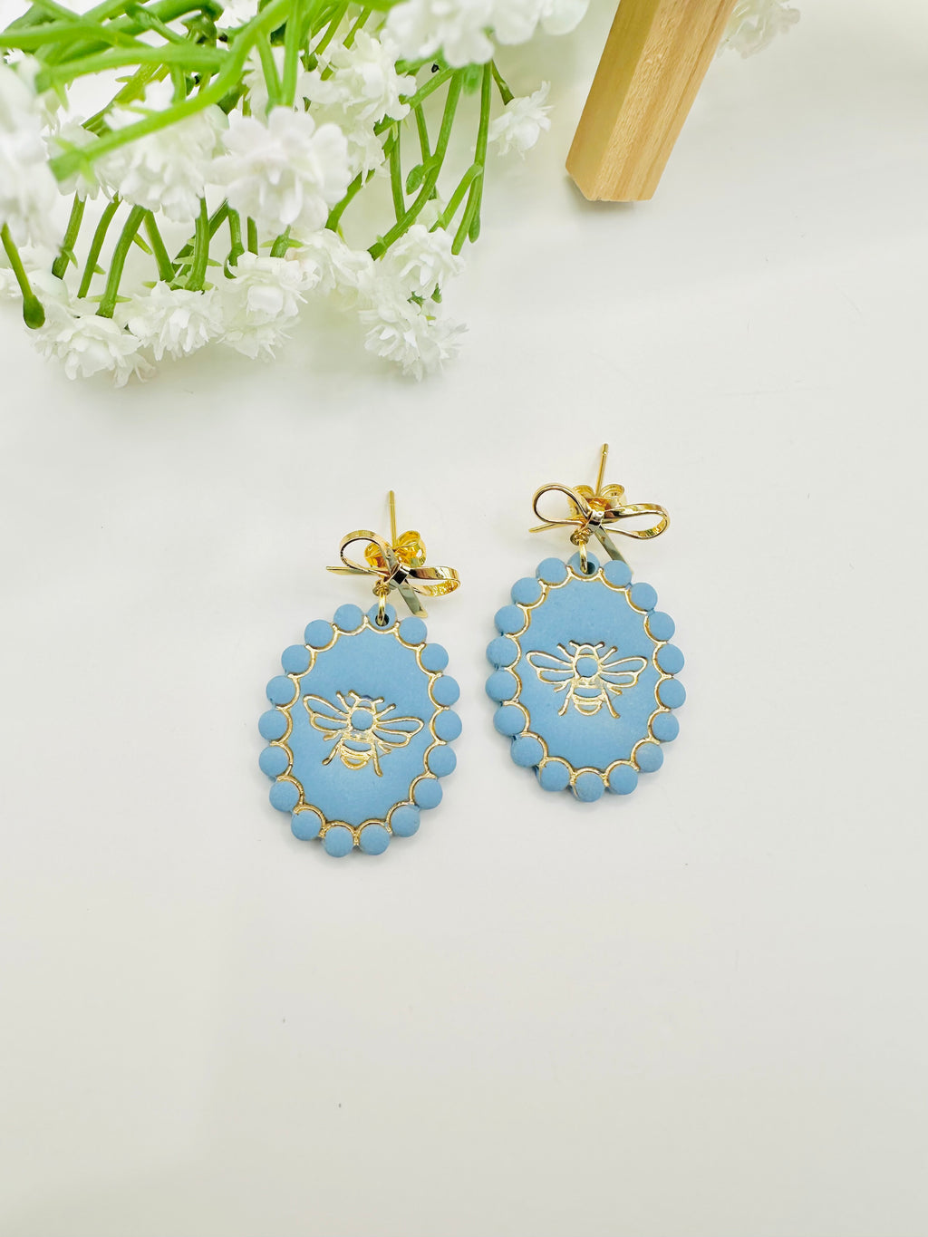 Blue Bee Earrings with Gold Bow Studs | Handmade Polymer Clay Earrings | Spring Floral Statement Earrings