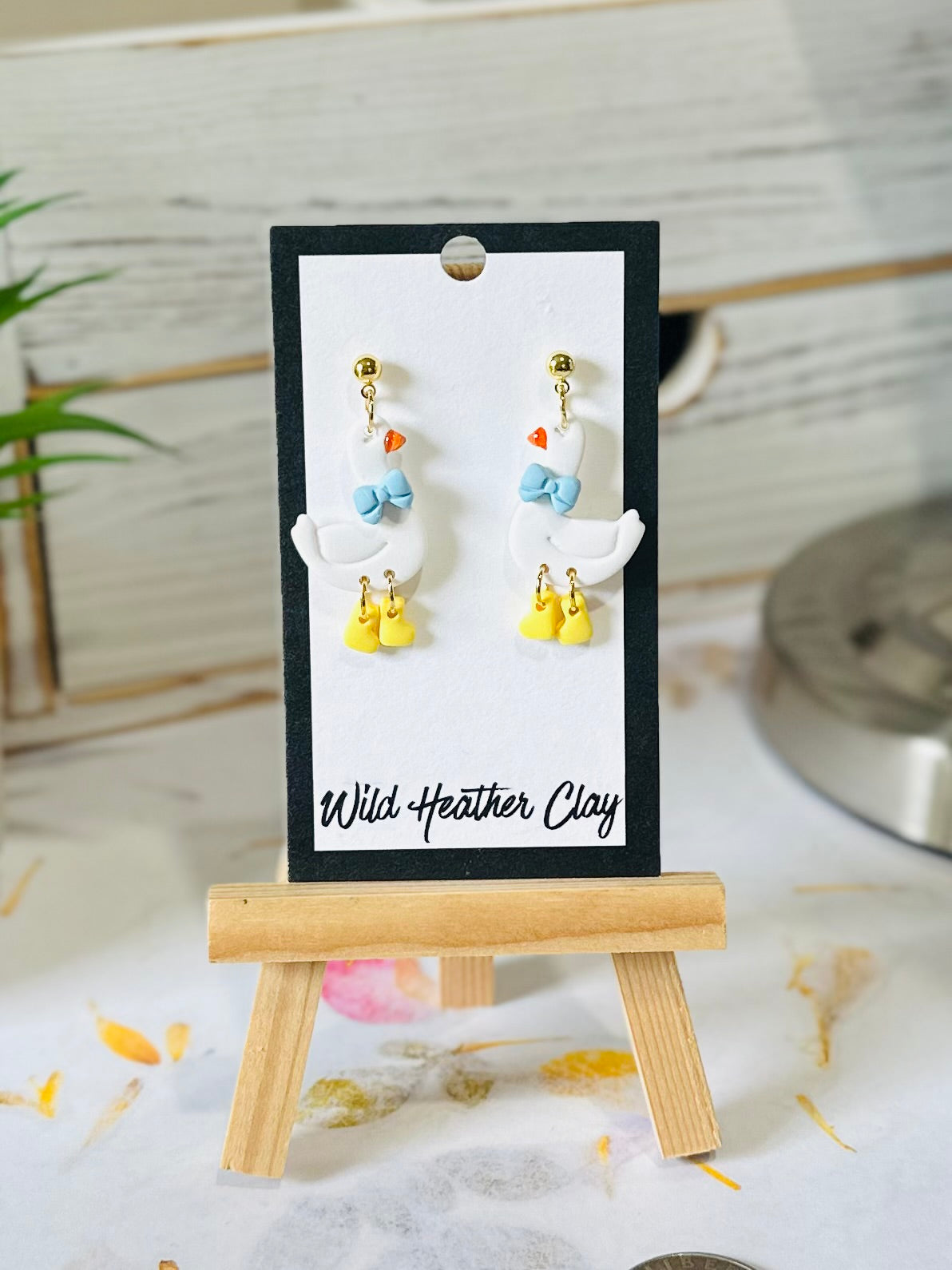 Handmade Goose Clay Earrings | Cute Farm Animal Dangle Earrings | Blue Bow Statement Earrings | Whimsical Cottagecore Jewelry