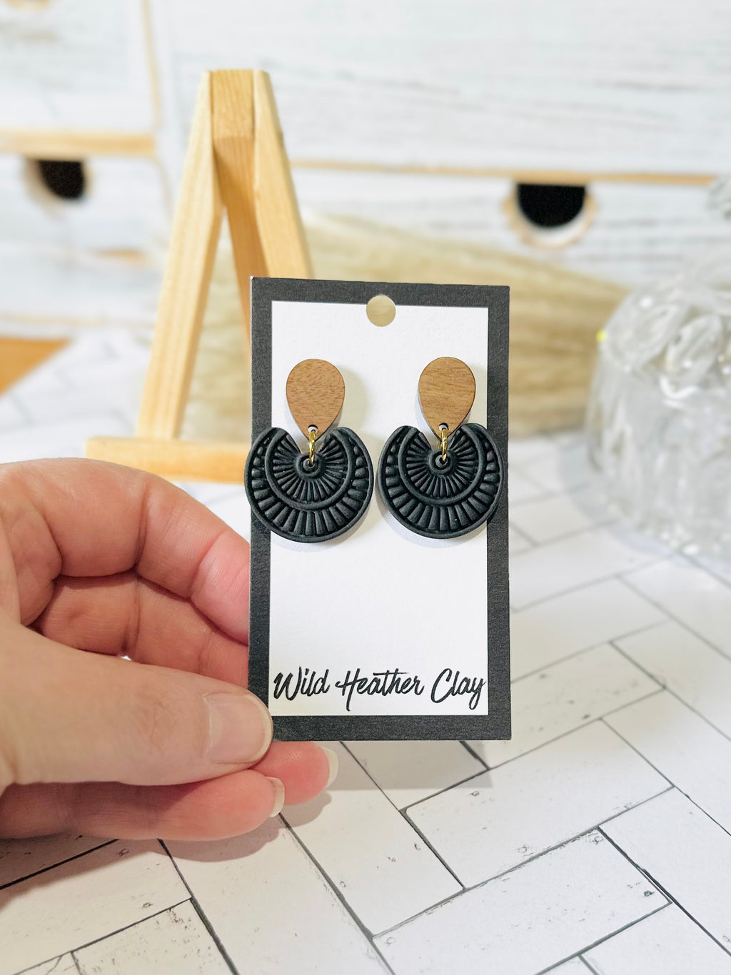 Black Sunburst Dangle Earrings with Wood Studs