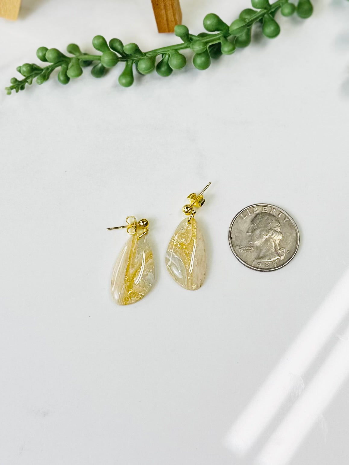 Ivory & Gold Marbled Teardrop Earrings | Handmade Polymer Clay Earrings