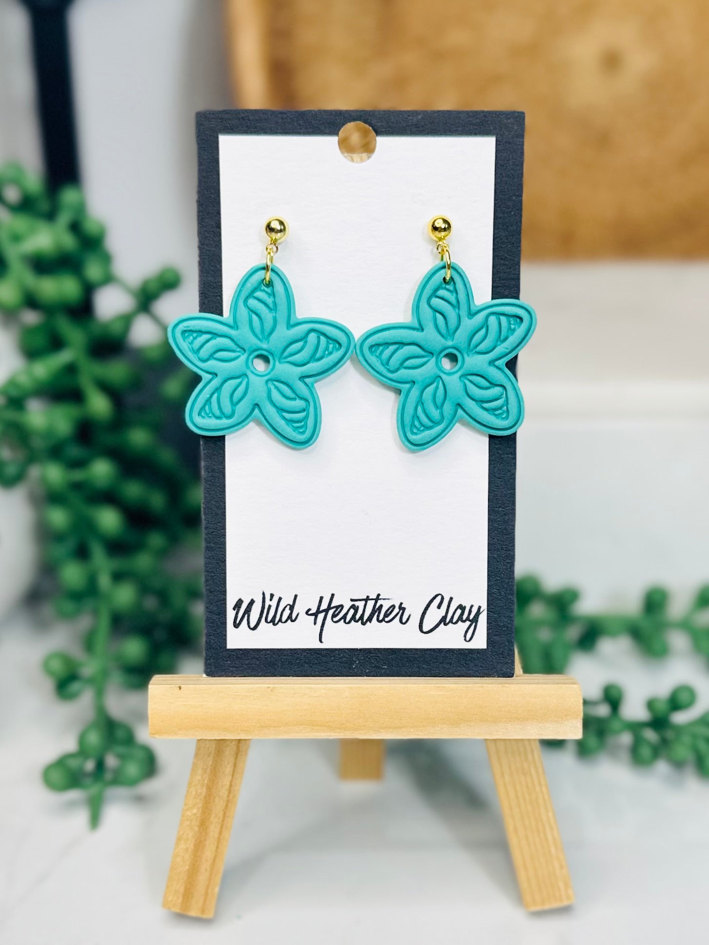 Turquoise Floral Shell Earrings – Handmade Polymer Clay Flower Earrings, Bold Statement Dangles, Lightweight Summer Jewelry