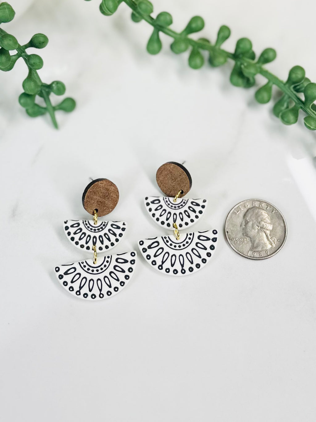 Black & White Boho Dangle Earrings with Wood | Handmade Polymer Clay Earrings