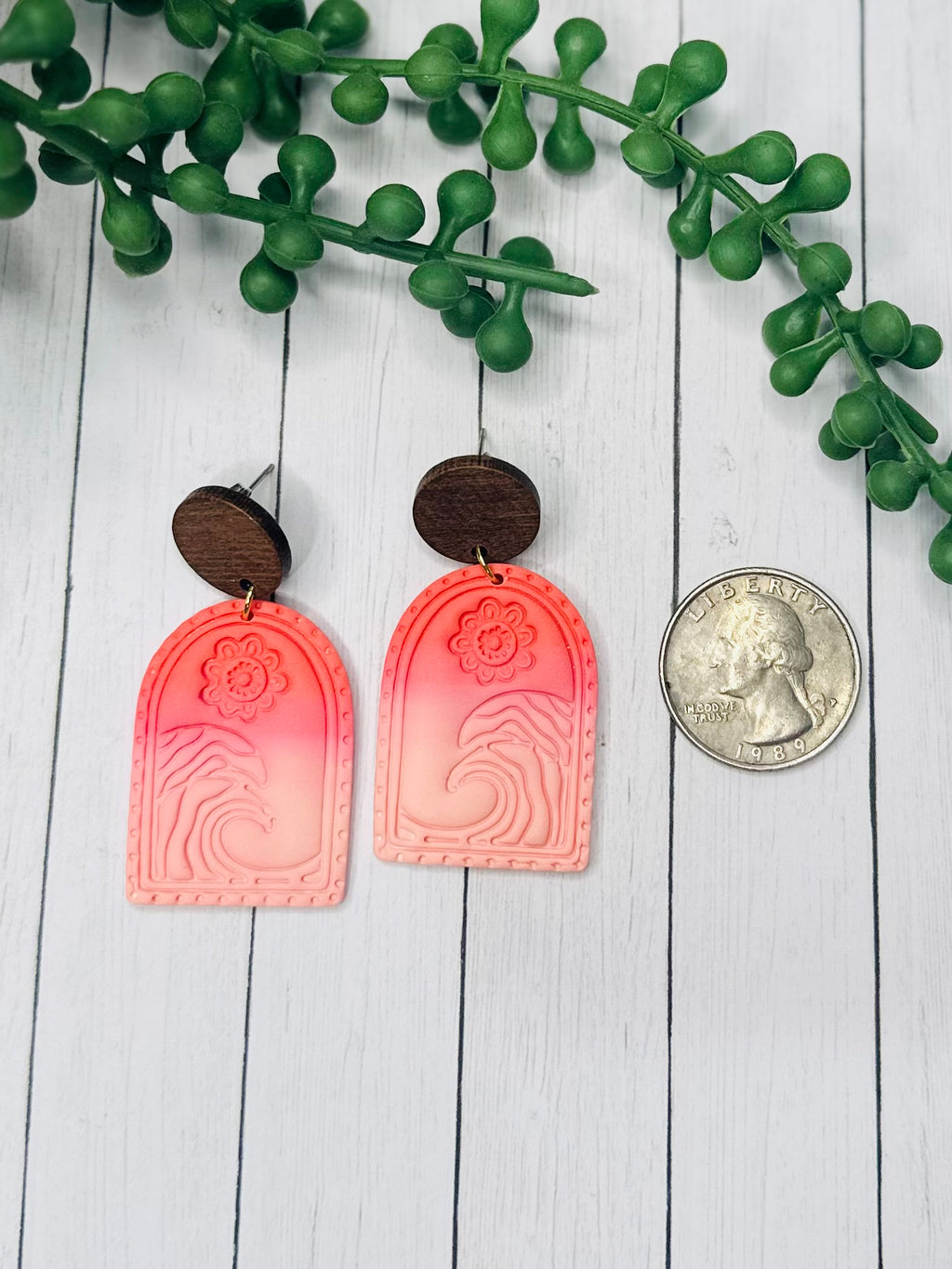 Pink Coastal Wave Earrings – Handmade Polymer Clay Statement Earrings, Boho Beach Dangles, Lightweight Summer Jewelry