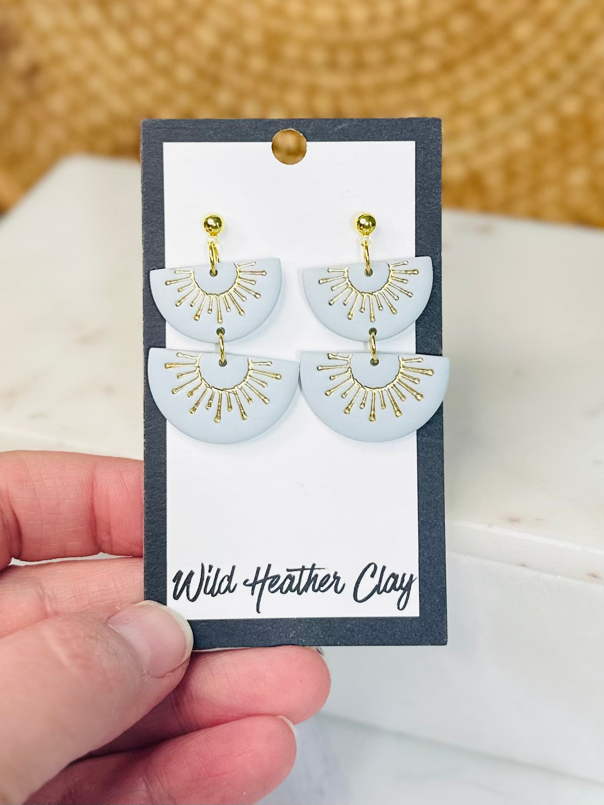 Pale Blue Sunburst Earrings – Handmade Polymer Clay Dangle Earrings, Minimalist Gold Statement Earrings, Lightweight Modern Jewelry