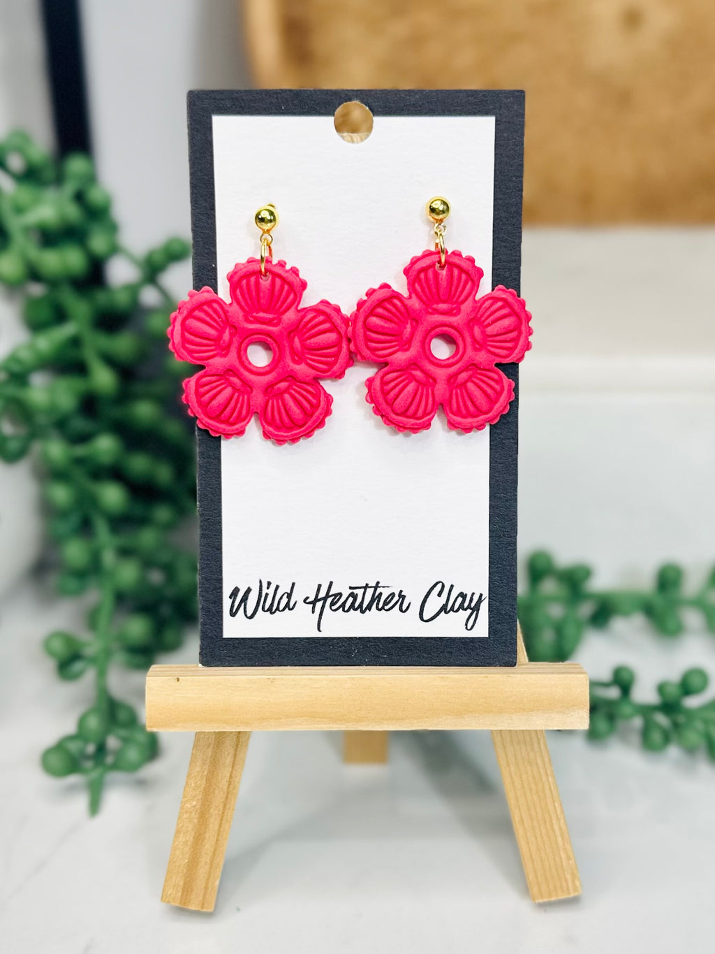 Hot Pink Floral Shell Earrings – Handmade Polymer Clay Flower Earrings, Bold Statement Dangles, Lightweight Summer Jewelry