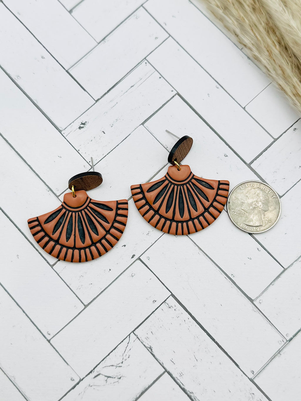 Cinnamon Art Deco Fan Wood & Polymer Clay Earrings