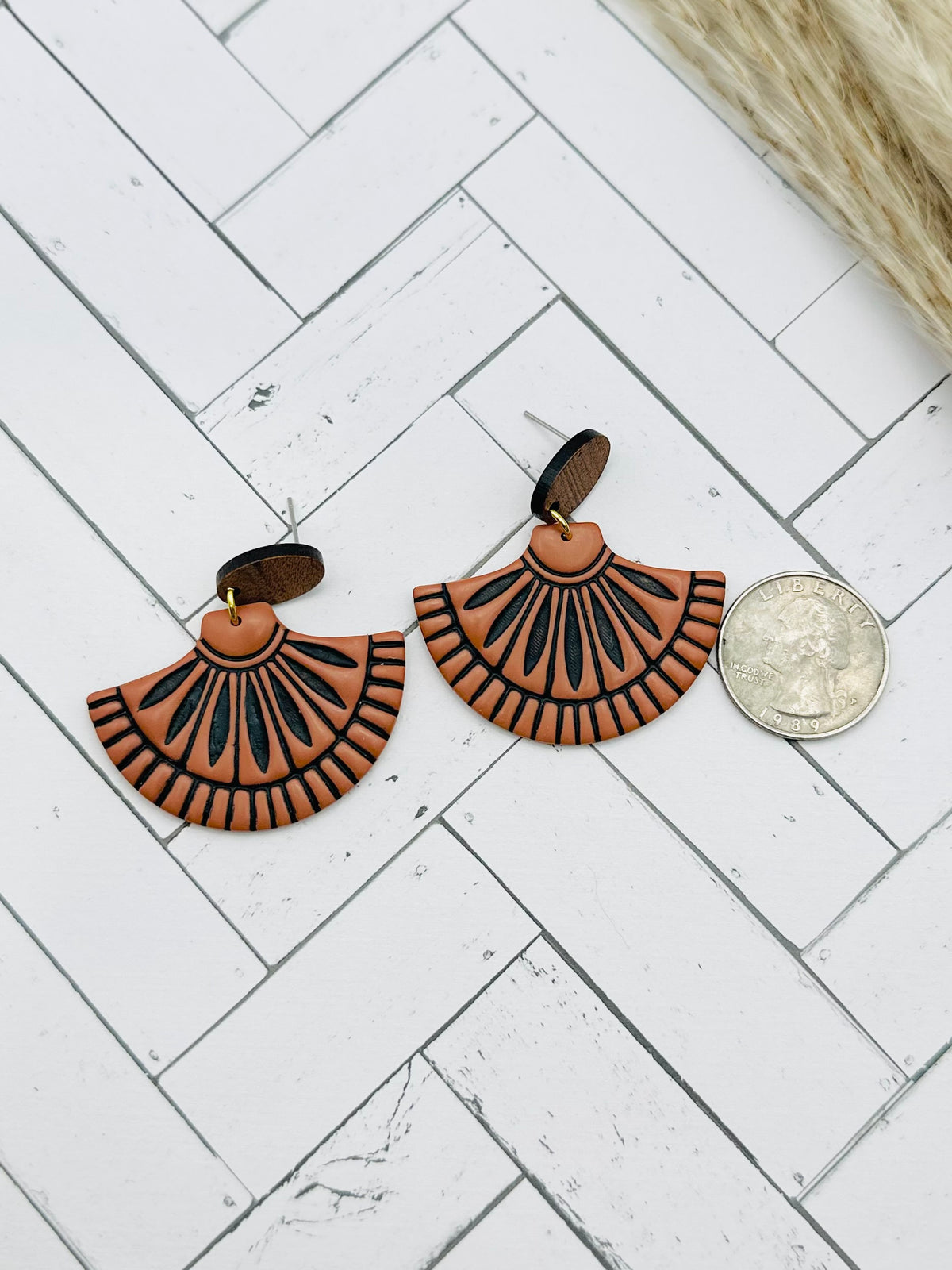 Cinnamon Art Deco Fan Wood & Polymer Clay Earrings