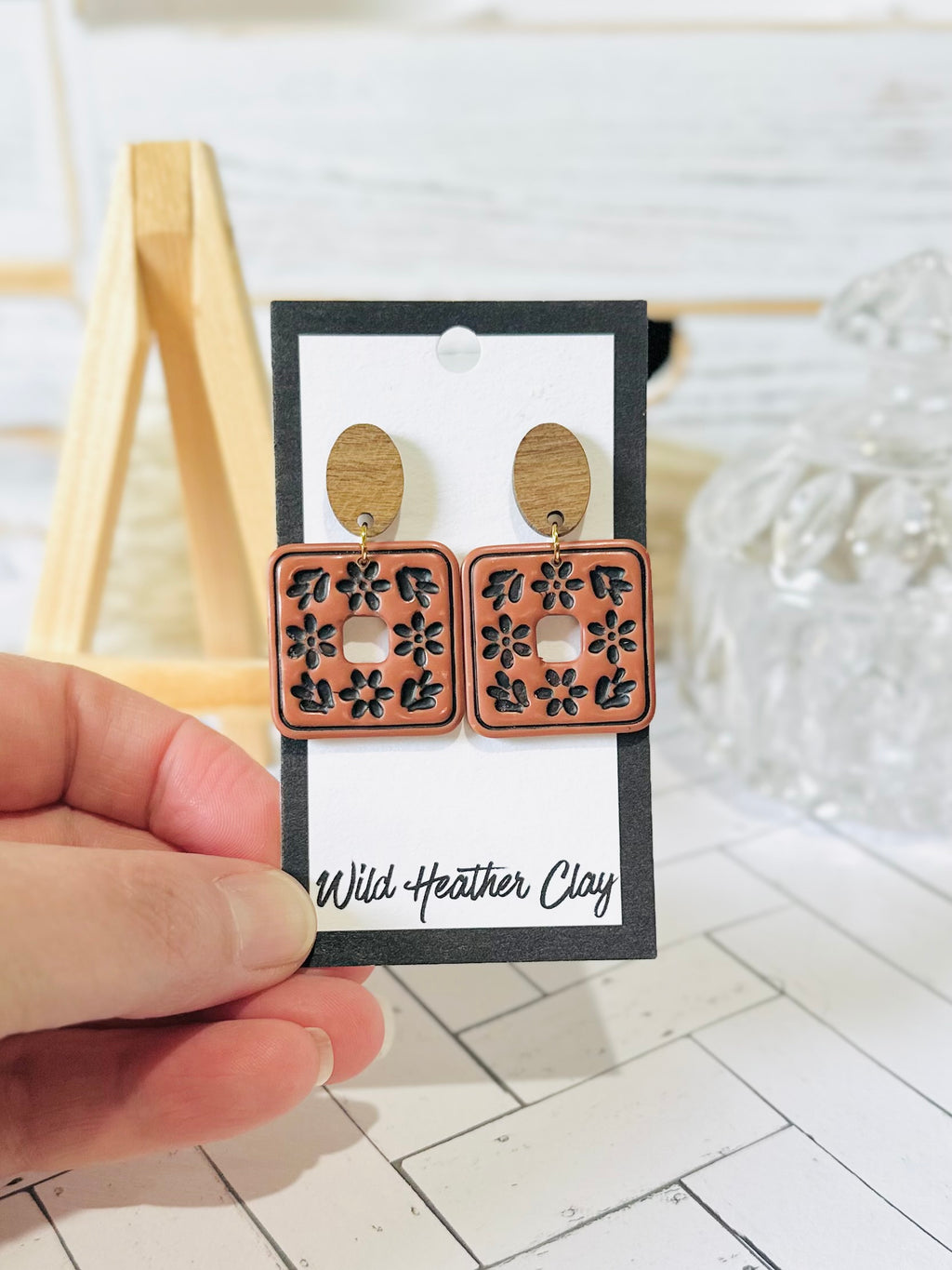 Terracotta & Black Floral Tile Wood Polymer Clay Earrings