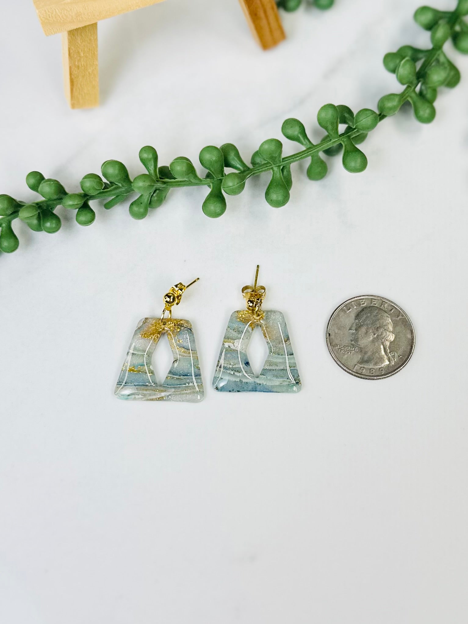 Blue & Gold Geometric Cutout Earrings | Handmade Polymer Clay Earrings