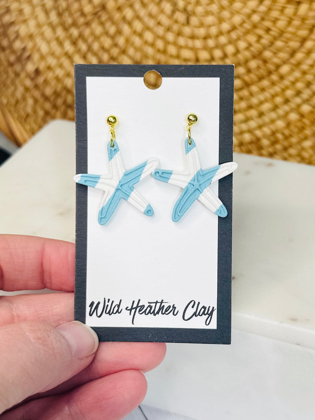 Blue and White Starfish Earrings – Handmade Polymer Clay Coastal Earrings, Beach Statement Earrings, Lightweight Summer Jewelry