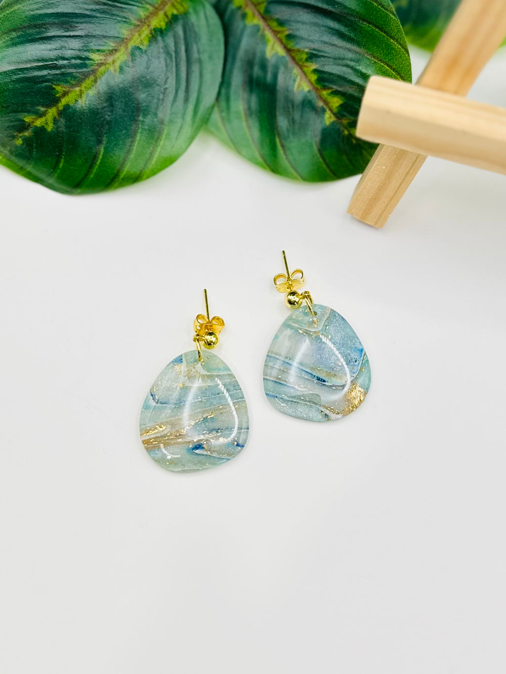 Ocean Agate Oragnic Pebble Earrings | Blue & Gold Marbled Polymer Clay Dangles | Lightweight Statement Earrings