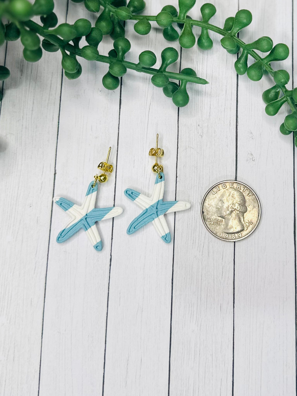 Blue and White Starfish Earrings – Handmade Polymer Clay Coastal Earrings, Beach Statement Earrings, Lightweight Summer Jewelry