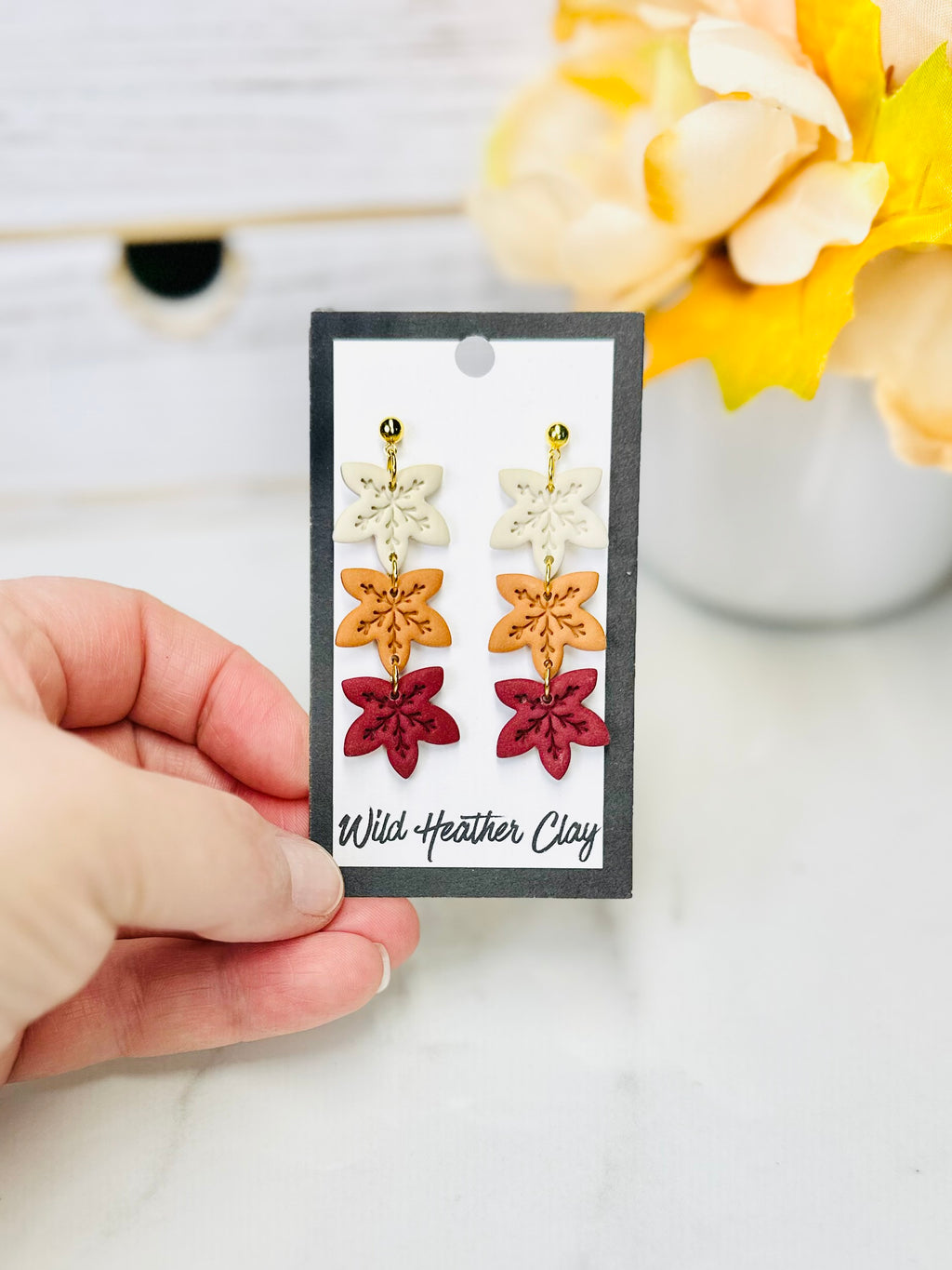 Autumn Leaves Polymer Clay Dangle Earrings | Cream, Caramel & Burgundy Autumn Leaf Polymer Clay Earrings