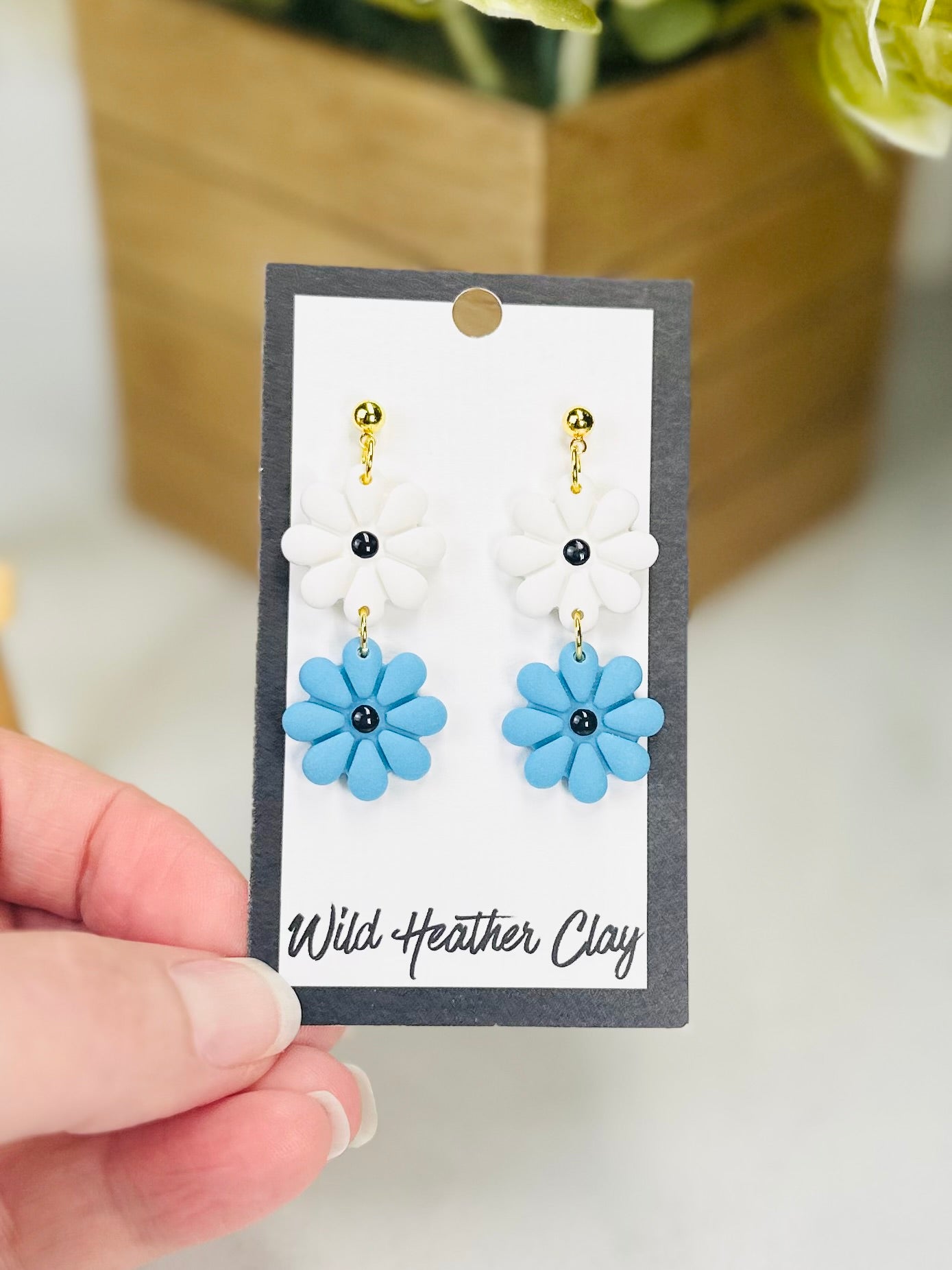 Blue & White Daisy Dangle Earrings | Handmade Polymer Clay Flower Earrings