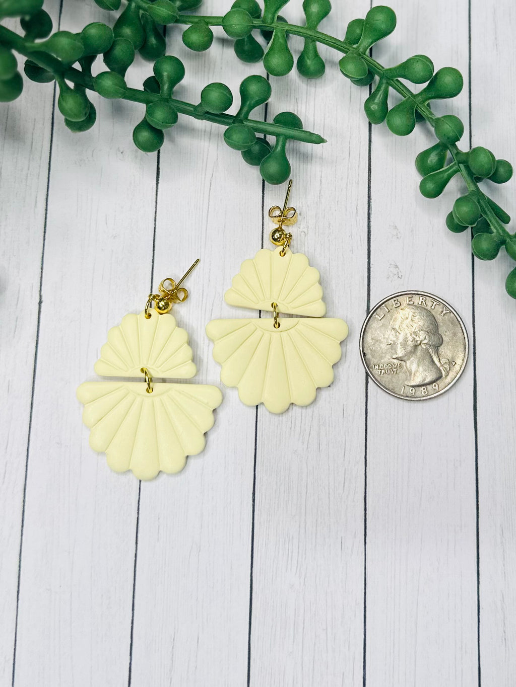 Butter Yellow Fan Shell Earrings – Handmade Polymer Clay Dangle Earrings, Coastal Statement Earrings, Lightweight Boho Jewelry