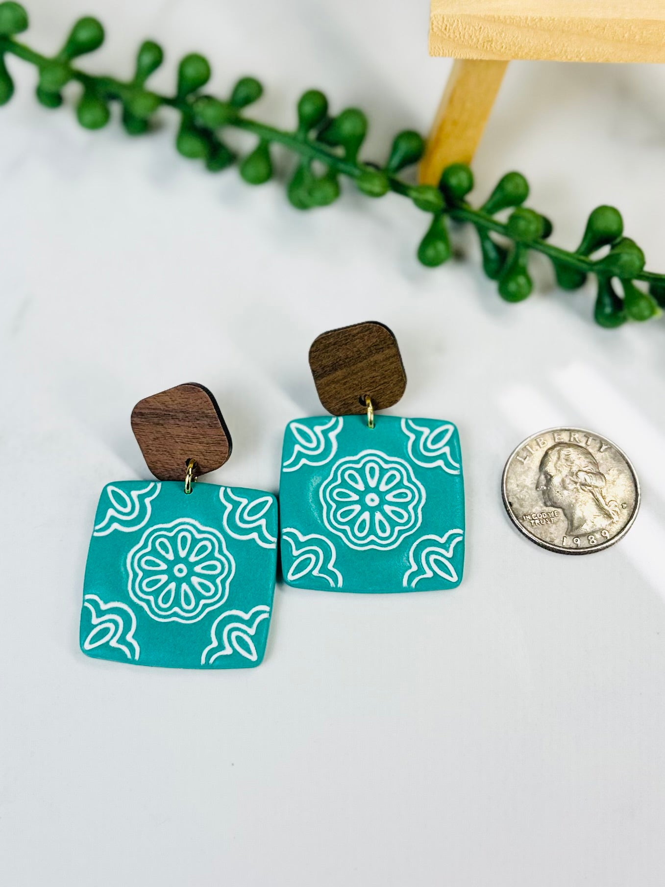Turquoise Floral Statement Earrings with Wood | Handmade Polymer Clay Earrings