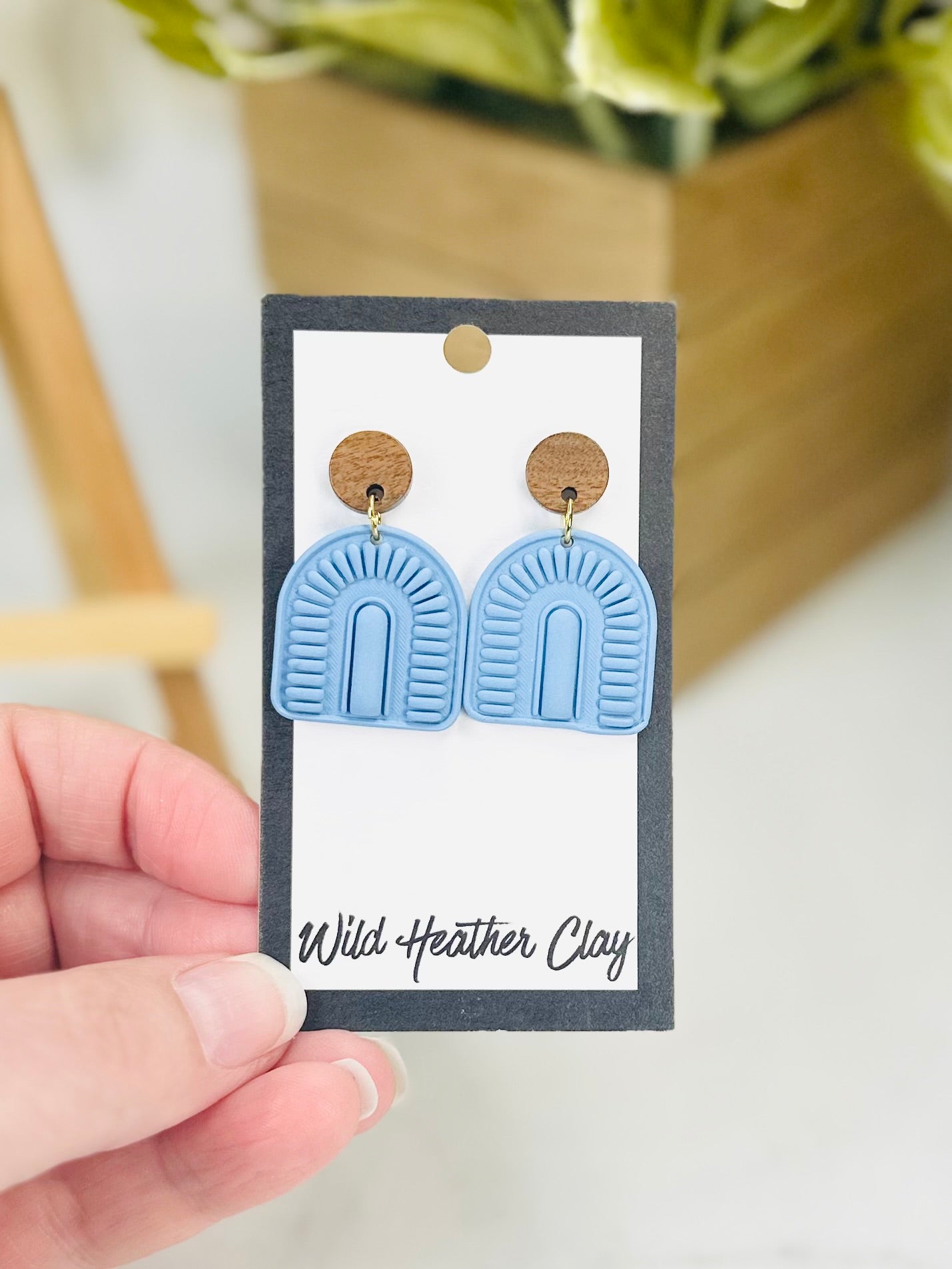 Dusty Blue Arch Statement Earrings with Wood | Handmade Polymer Clay Earrings