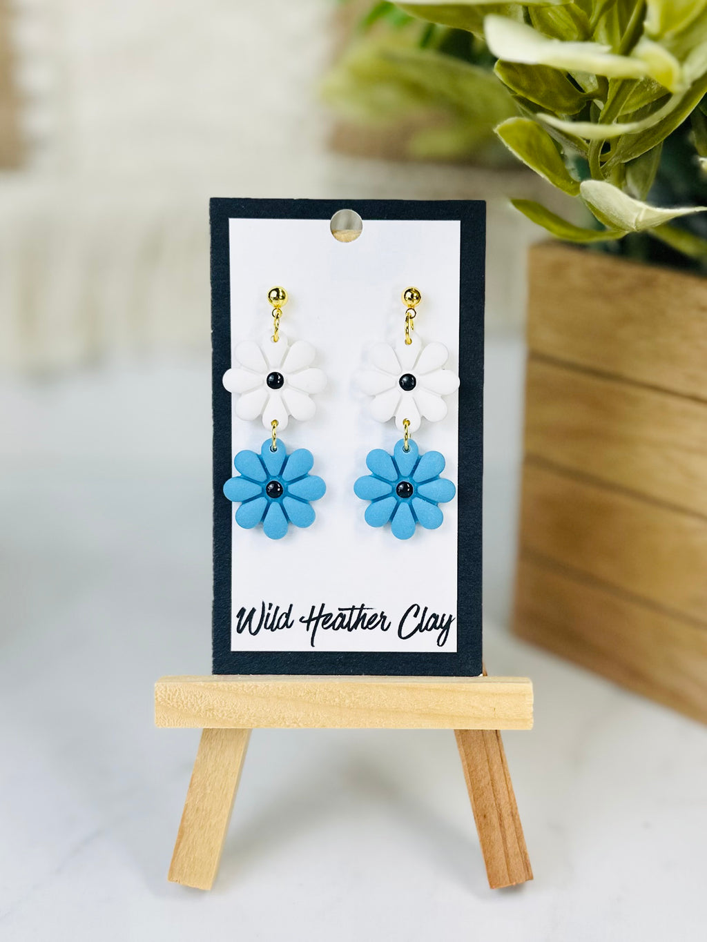Blue & White Daisy Dangle Earrings | Handmade Polymer Clay Flower Earrings