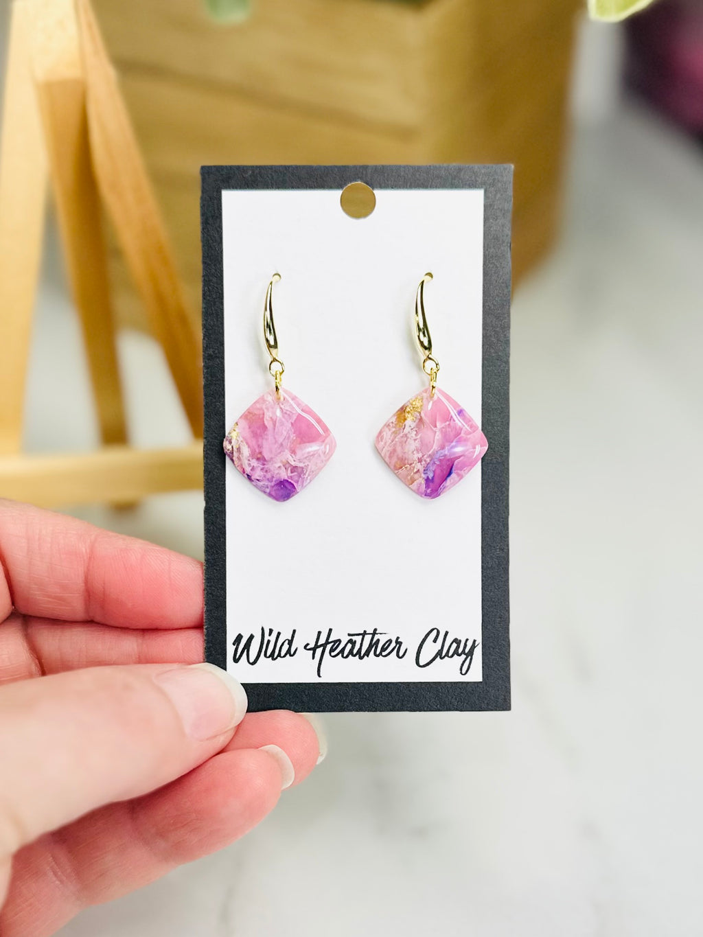 Pink Marbled Diamond Dangle Earrings | Handmade Polymer Clay Earrings