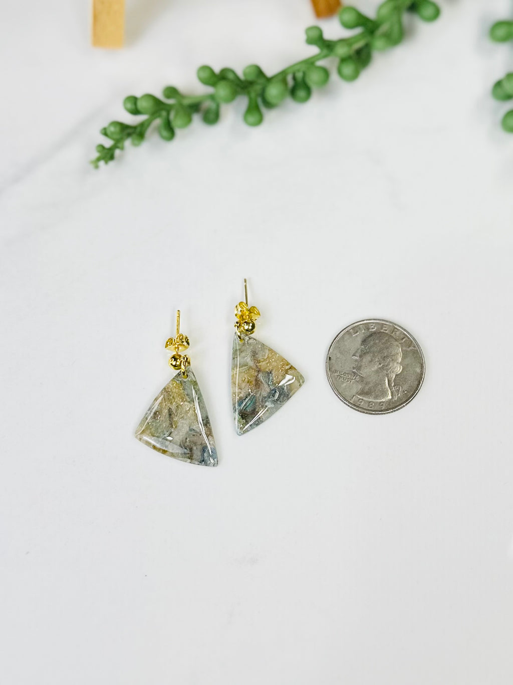 Moss Agate Triangle Earrings | Handmade Polymer Clay Earrings