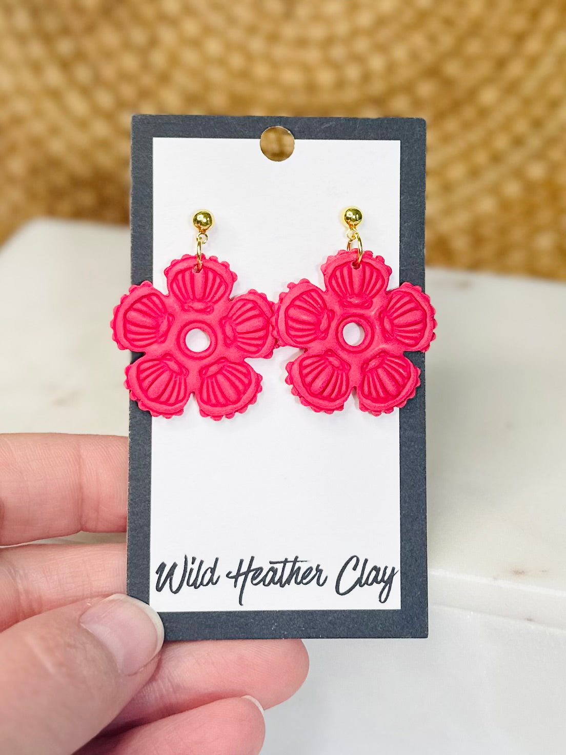 Hot Pink Floral Shell Earrings – Handmade Polymer Clay Flower Earrings, Bold Statement Dangles, Lightweight Summer Jewelry