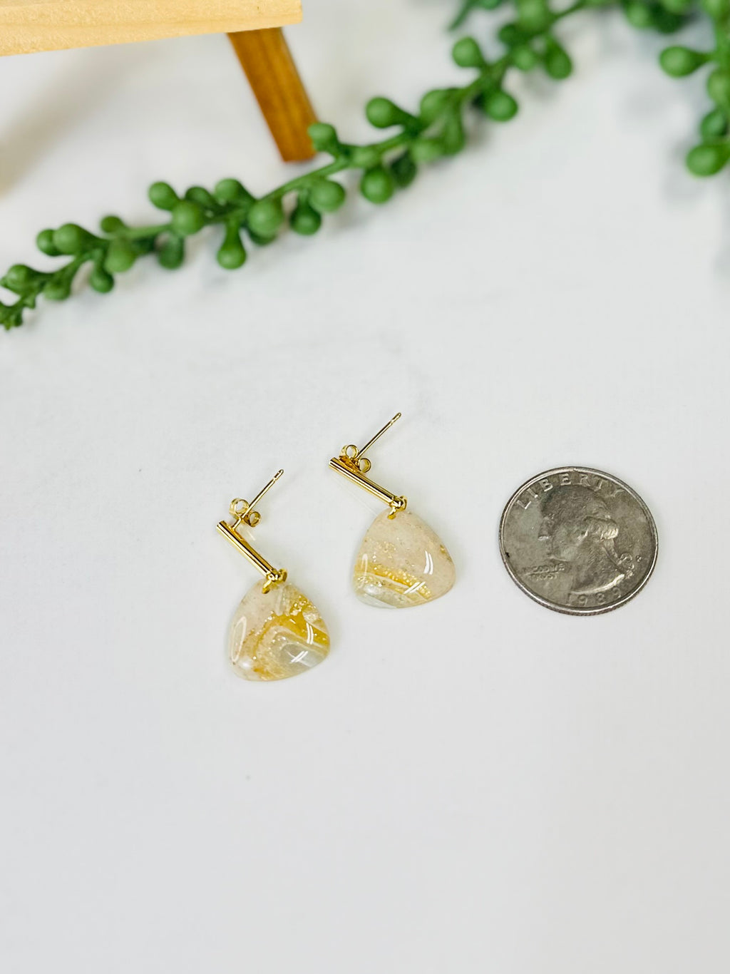 Ivory & Gold Marbled Triangle Earrings | Handmade Polymer Clay Earrings
