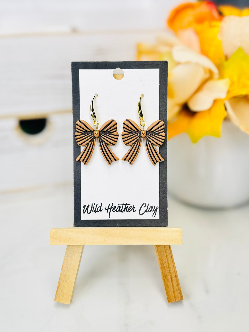 Caramel & Black Striped Bow Polymer Clay Earrings