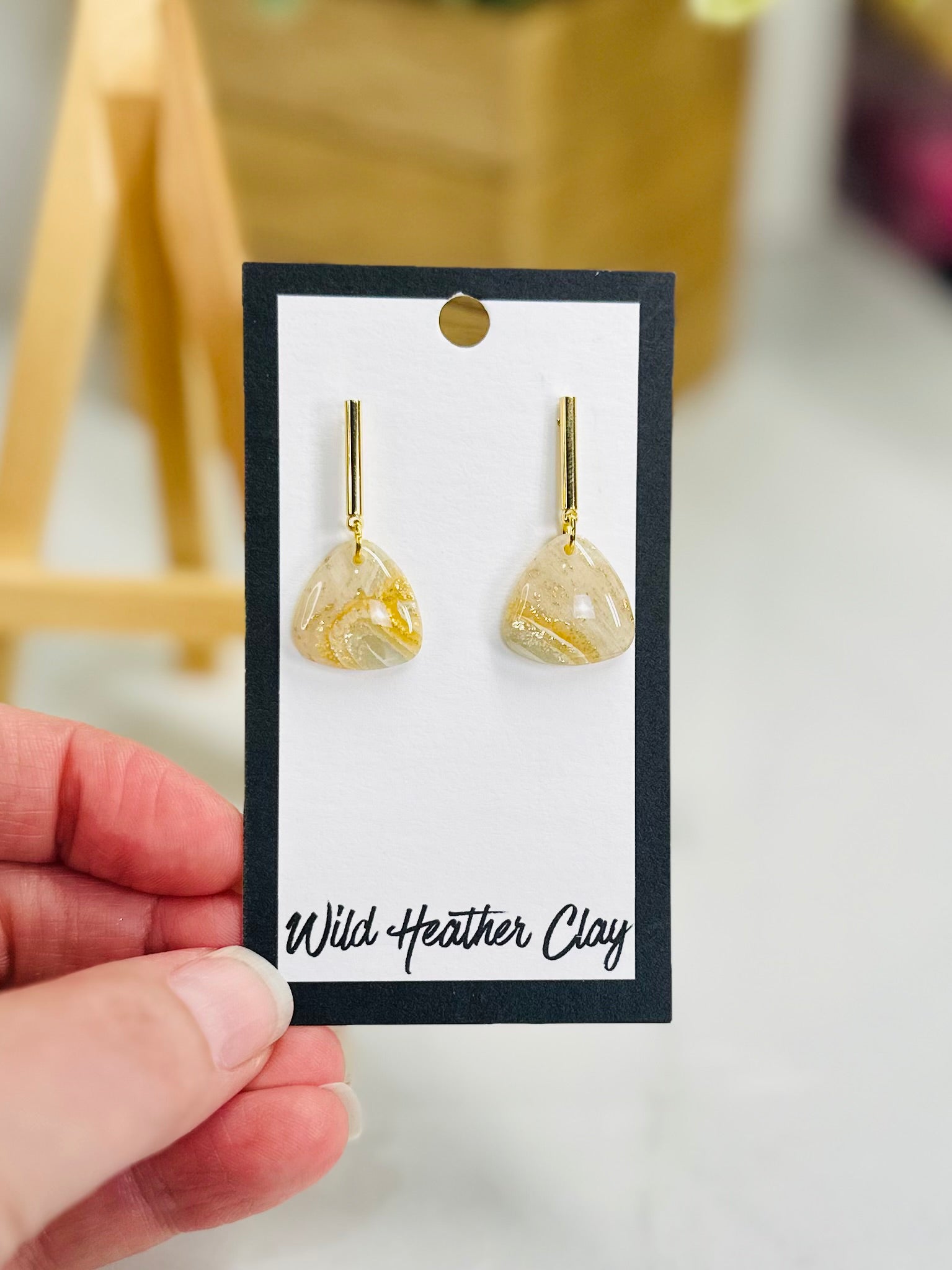 Ivory & Gold Marbled Triangle Earrings | Handmade Polymer Clay Earrings
