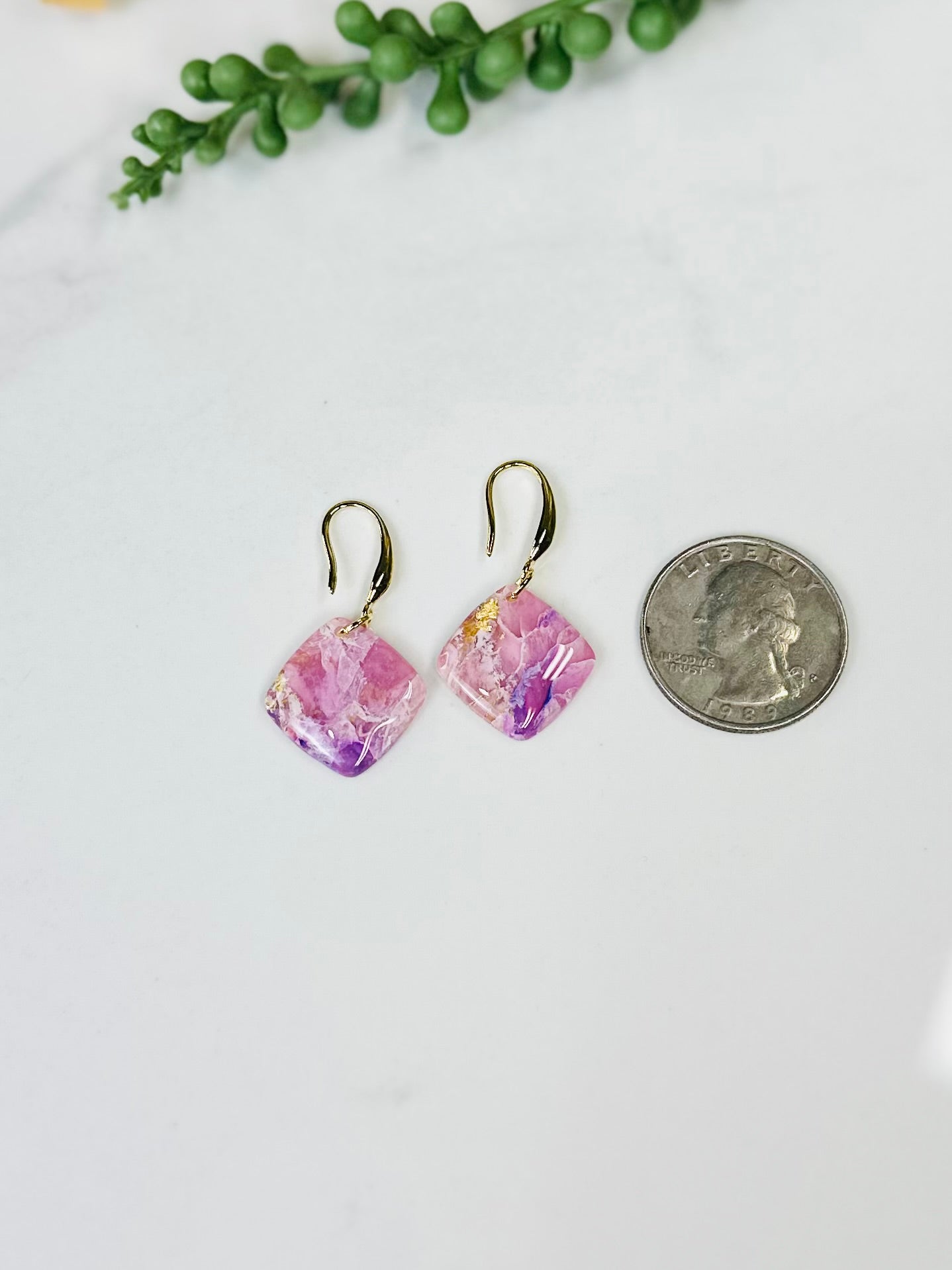 Pink Marbled Diamond Dangle Earrings | Handmade Polymer Clay Earrings